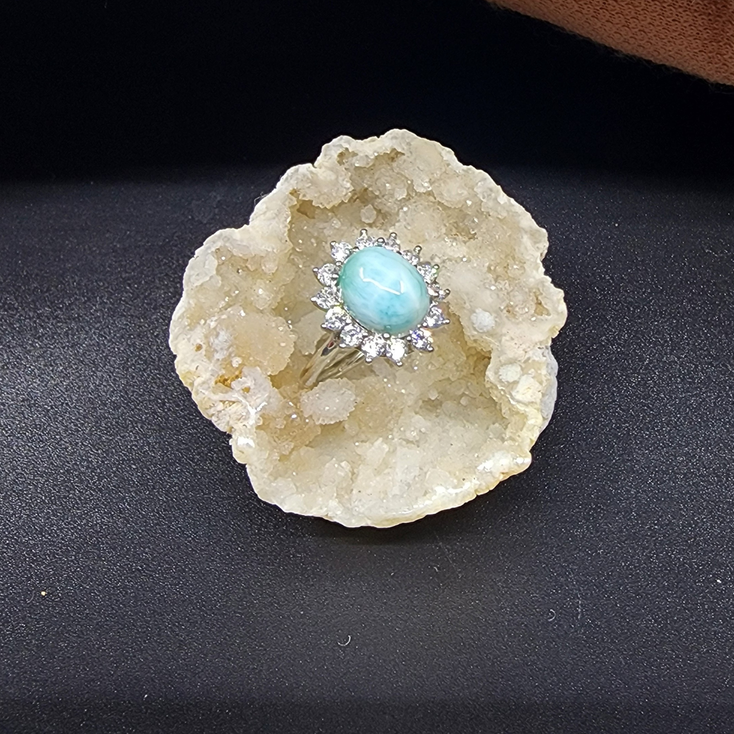 Natural Larimar Silver Plated Adjustable Ring with Zircon | Ocean Blue Healing Stone | Cincin Larimar Semula Jadi Boleh Laras | Batu Laut Biru Menenangkan