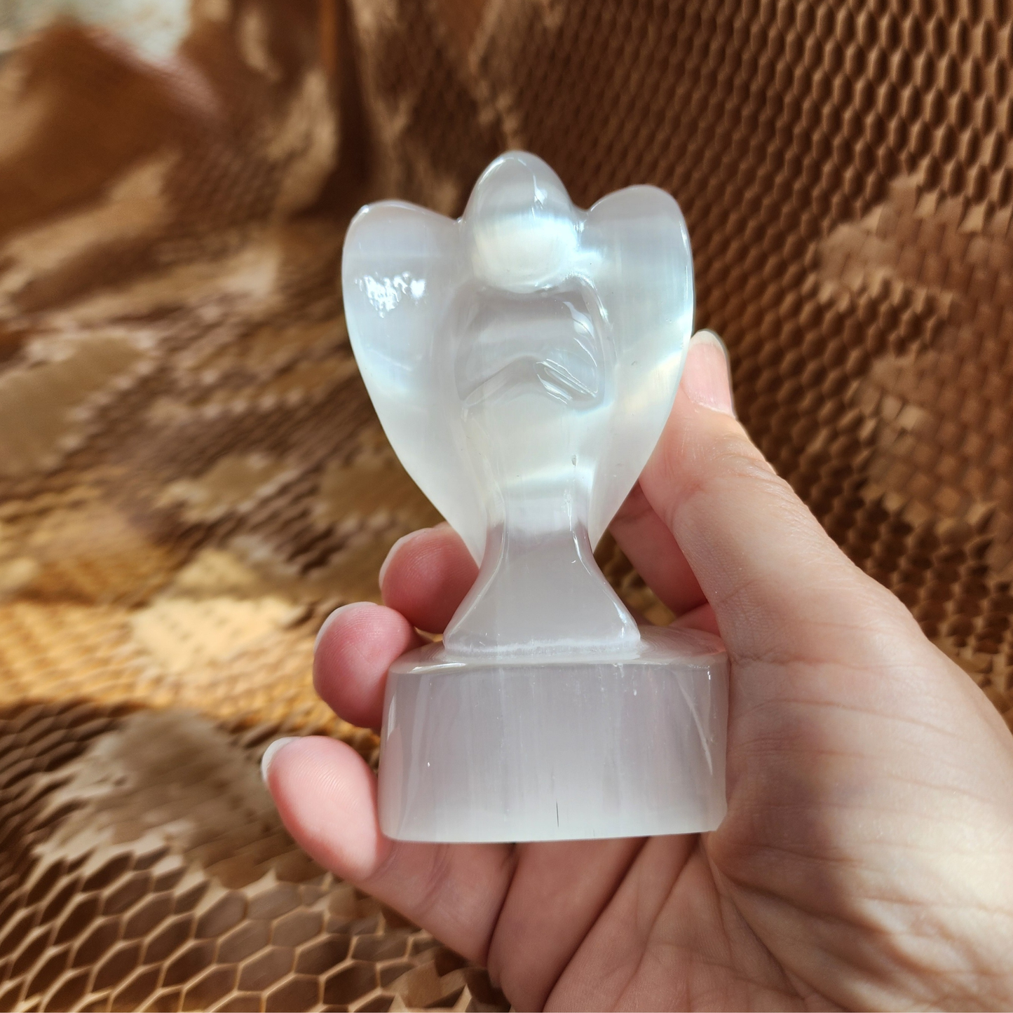 Natural Moroccan Selenite Angel Figurine | Hand-Carved Energy Cleansing Décor | Patung Malaikat Selenite Asli Maghribi