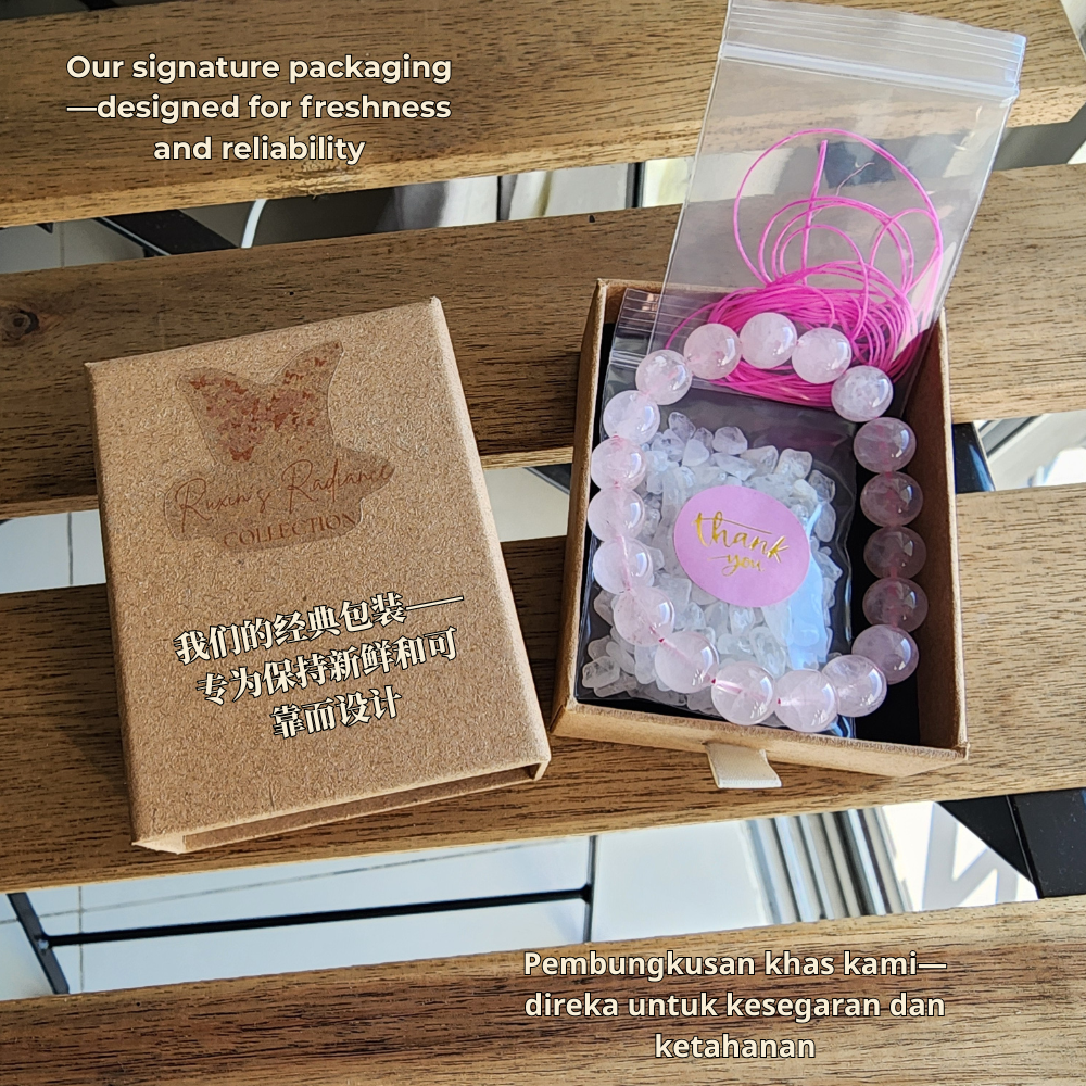 Ruxin Radiance Handmade Serene Love "Stone of Love" Natural Rose Quartz Bracelet 宁静之爱「爱之石」天然粉晶手链 Gelang Kuarza Mawar Asli – Cinta & Penyembuhan