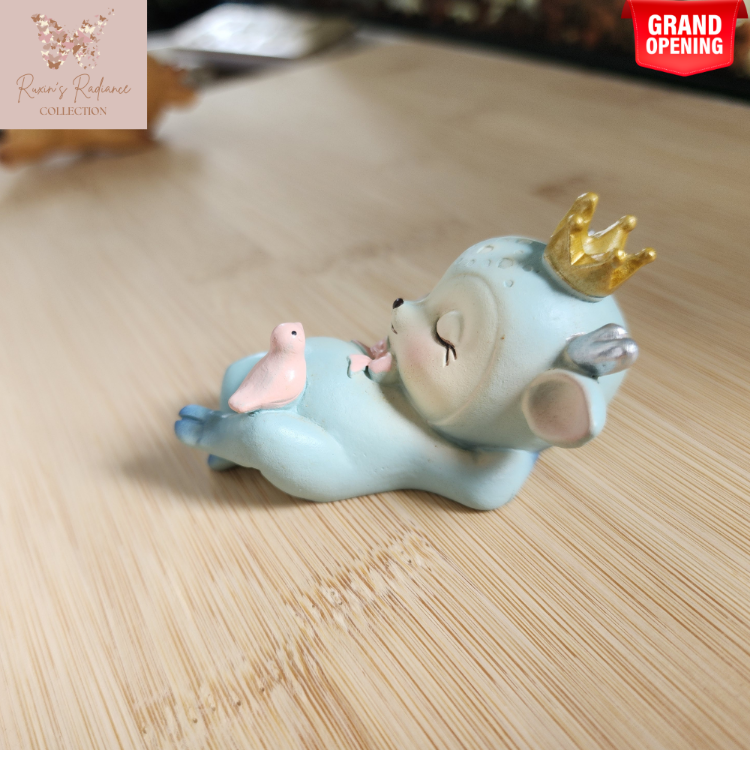 Sleeping Blue Baby Deer Resin Figurine  Handmade Cute Animal Ornament | Fawn Baby Sculpture for Kids Room, Bedroom, Living Room, Office | Home Decor, Table Display, Birthday Gift, Wedding Favor, Cake & Dessert Topper