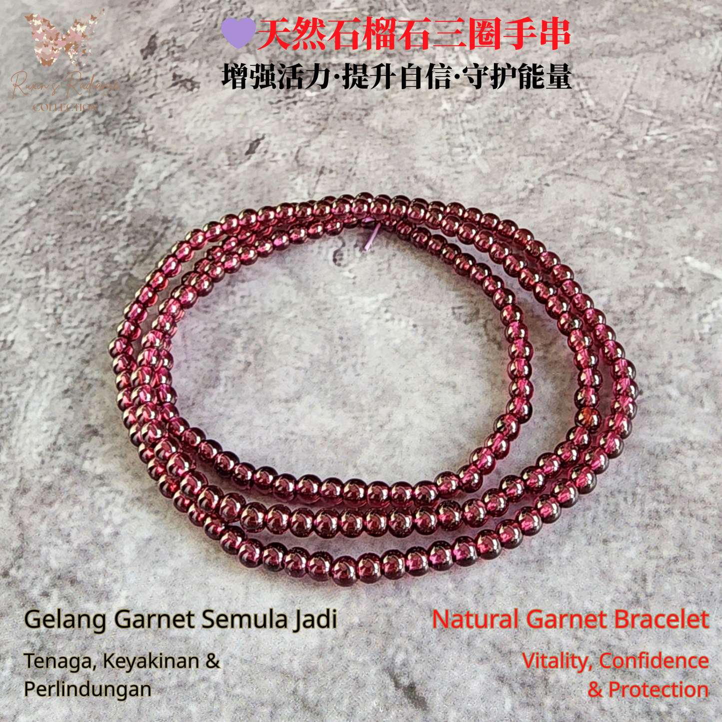 Natural Purple Garnet Zi Ya Wu Bracelet | Triple Wrap Crystal Jewelry for Vitality & Confidence | Gelang Garnet Ungu Semula Jadi untuk Tenaga & Keyakinan