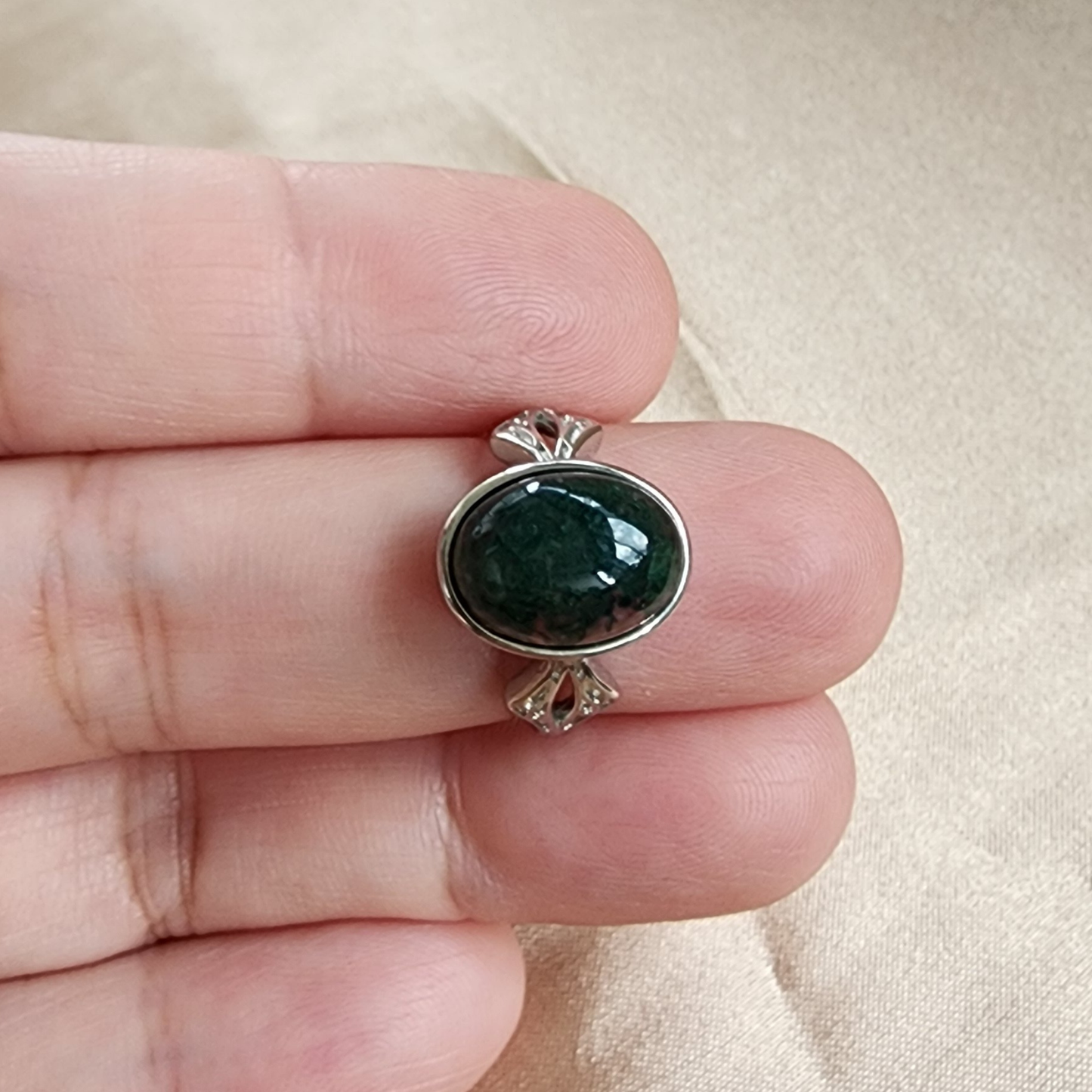 Natural Moss Agate Adjustable Ring | Silver-Plated Vintage Crystal Jewelry | Malay Cincin Moss Agate Semula Jadi Boleh Laras | Barang Kemas Gaya Vintaj