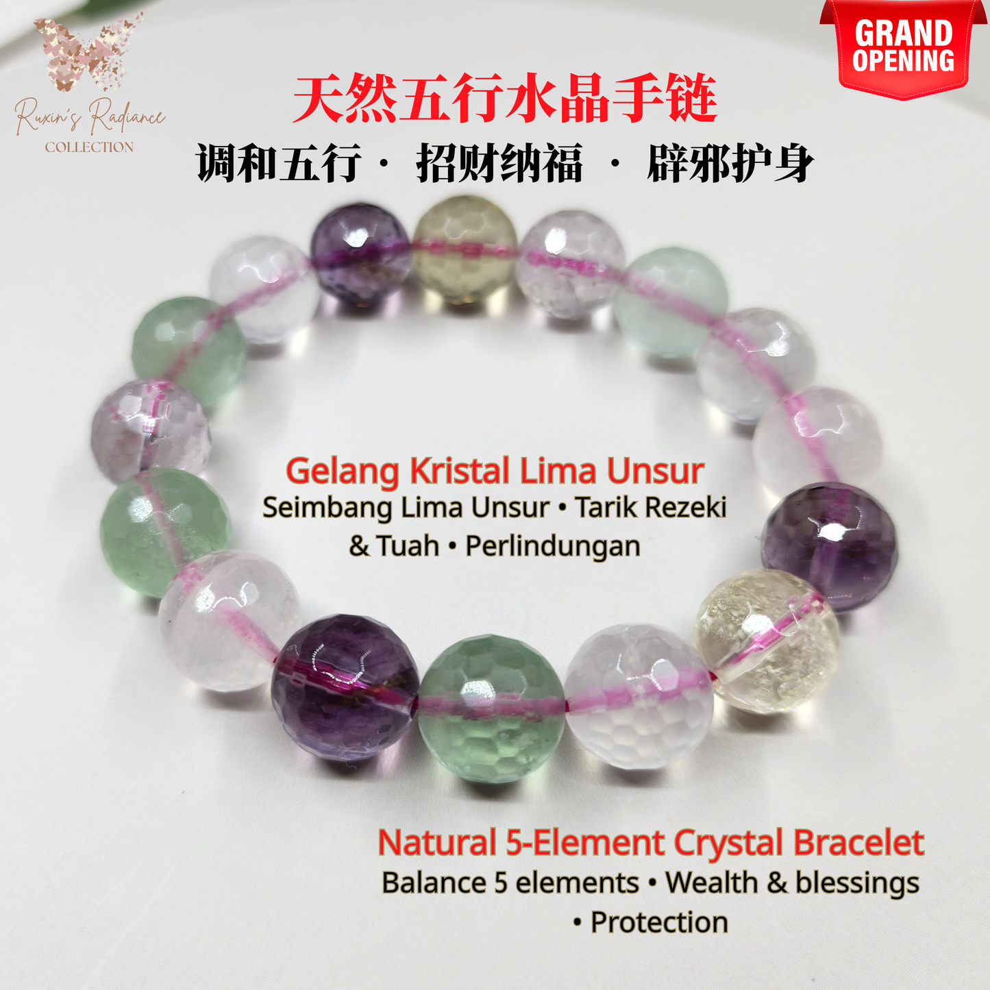 天然五行水晶手串 5-Element Crystal Bracelet | Gelang Kristal 5-Unsur调和五行招财纳福Harmonize ElementsSeimbang Lima Unsur