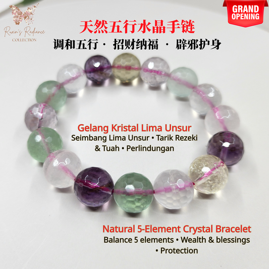 天然五行水晶手串 5-Element Crystal Bracelet | Gelang Kristal 5-Unsur调和五行招财纳福Harmonize ElementsSeimbang Lima Unsur