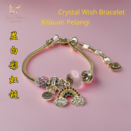 Ruxin Radiance Handmade Luminous Rainbow Crystal Charm Bracelet-Gold & Pink Elegance 璀璨显白彩虹水晶串珠手链-金粉奢华 Gelang Kristal Pelangi Mewah Merah Jambu