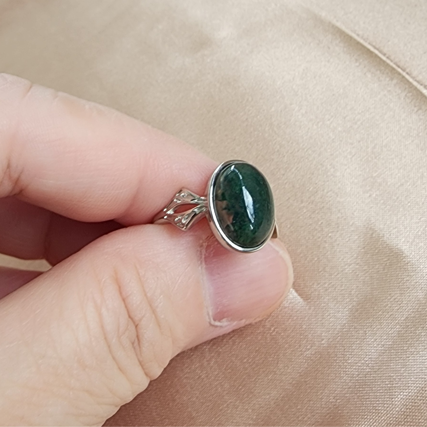 Natural Moss Agate Adjustable Ring | Silver-Plated Vintage Crystal Jewelry | Malay Cincin Moss Agate Semula Jadi Boleh Laras | Barang Kemas Gaya Vintaj