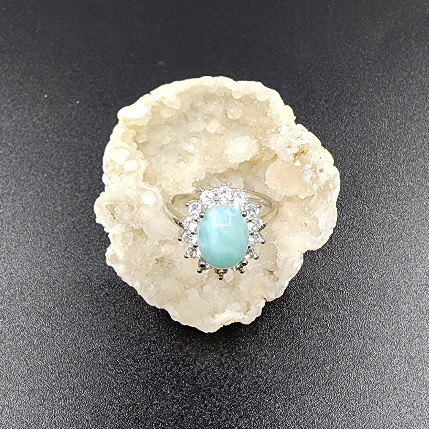 Natural Larimar Silver Plated Adjustable Ring with Zircon | Ocean Blue Healing Stone | Cincin Larimar Semula Jadi Boleh Laras | Batu Laut Biru Menenangkan