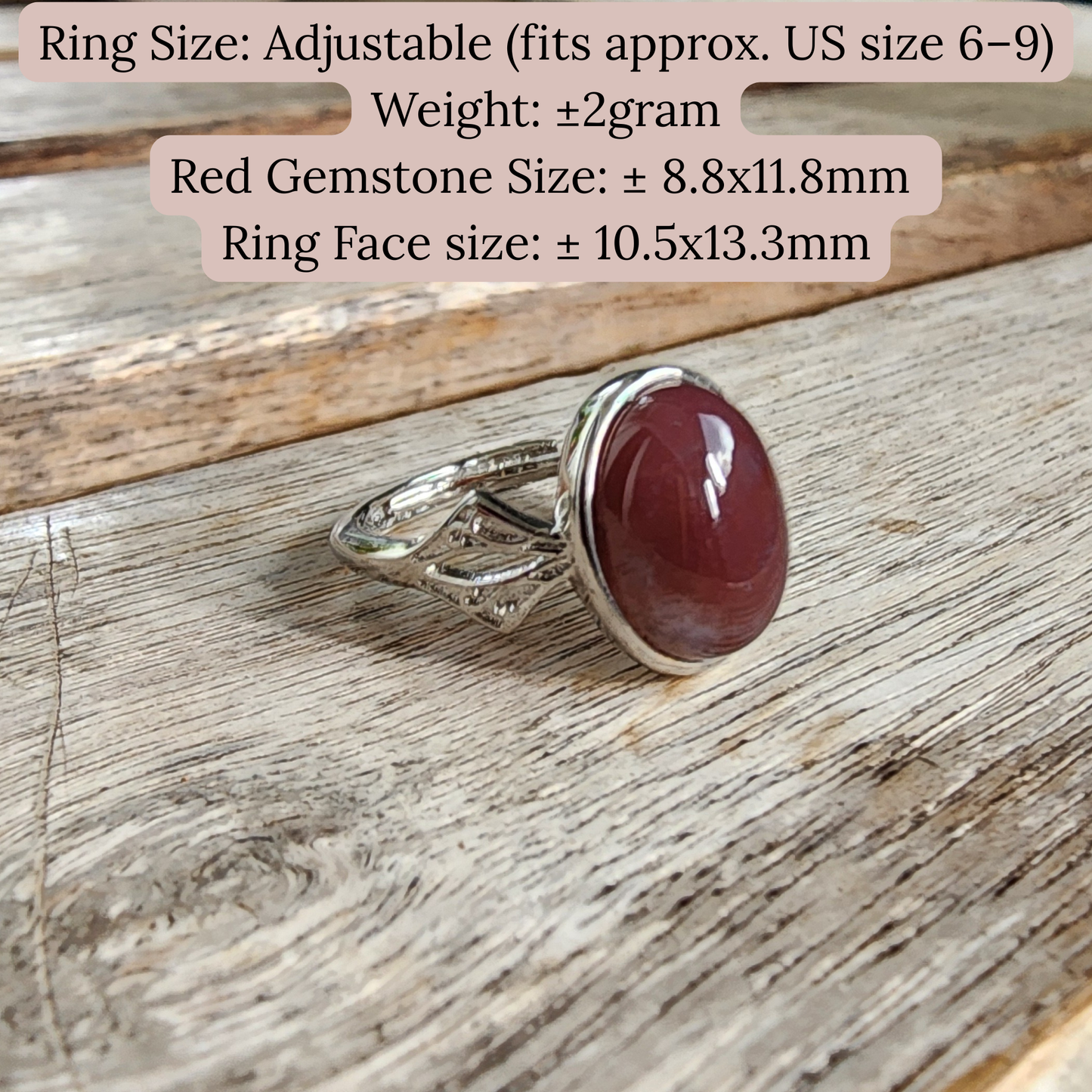 Natural Red Gemstone Adjustable Ring | Silver-Plated Vintage Crystal Jewelry | Cincin Batu Merah Semula Jadi Boleh Laras | Barang Kemas Elegan