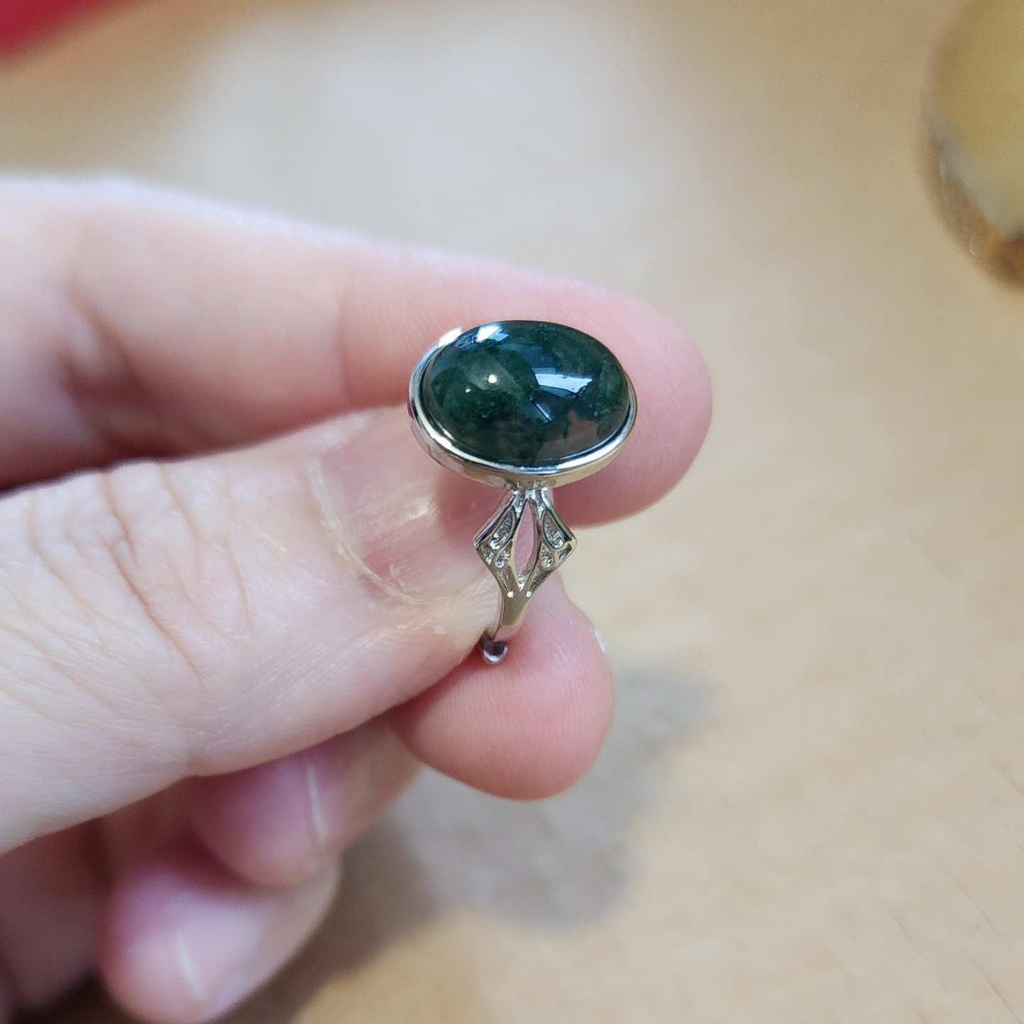 Natural Moss Agate Adjustable Ring | Silver-Plated Vintage Crystal Jewelry | Malay Cincin Moss Agate Semula Jadi Boleh Laras | Barang Kemas Gaya Vintaj