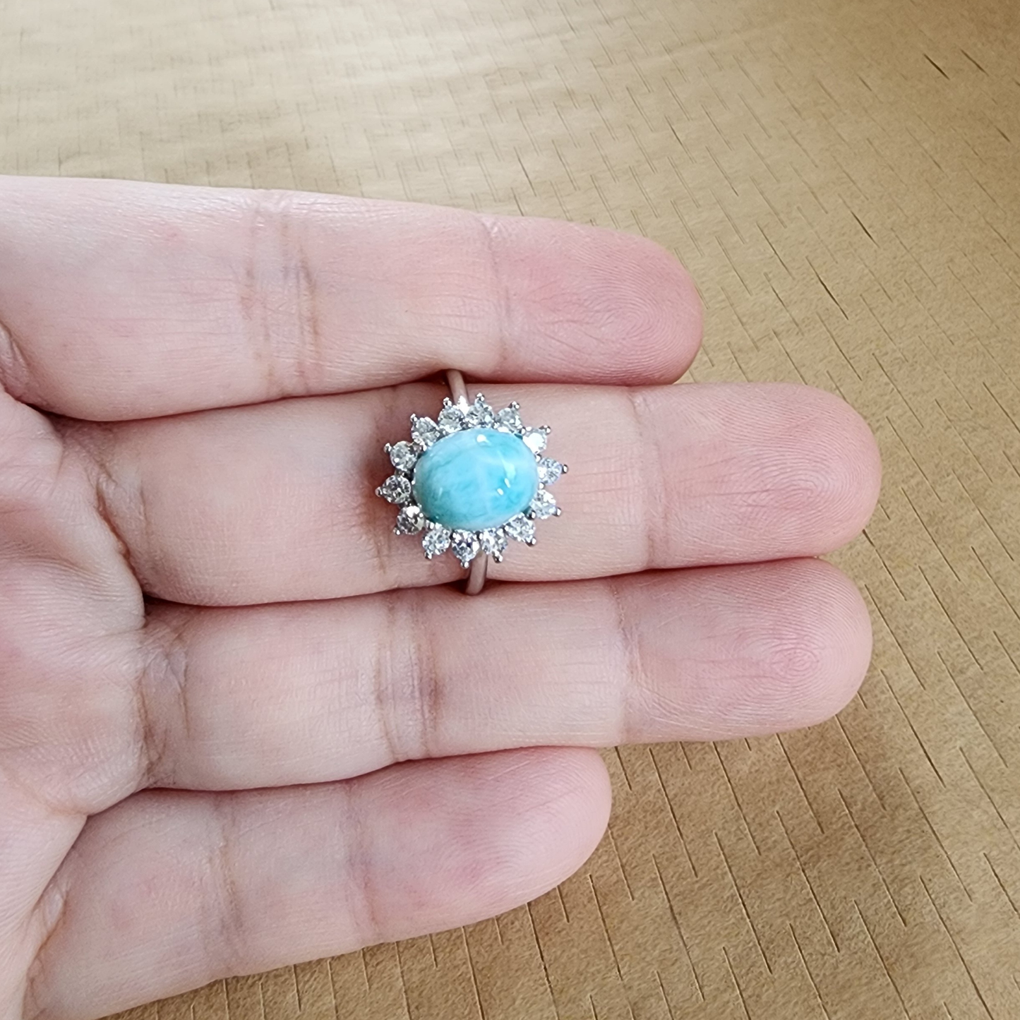 Natural Larimar Silver Plated Adjustable Ring with Zircon | Ocean Blue Healing Stone | Cincin Larimar Semula Jadi Boleh Laras | Batu Laut Biru Menenangkan