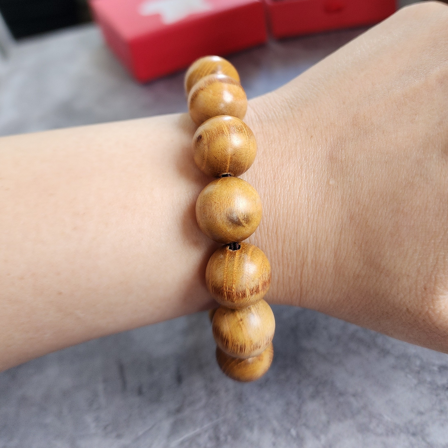 Natural Golden Wood Bead Bracelet | Handmade Wooden Prayer Beads Gelang Kayu Meditasi Boleh Laras Uniseks
