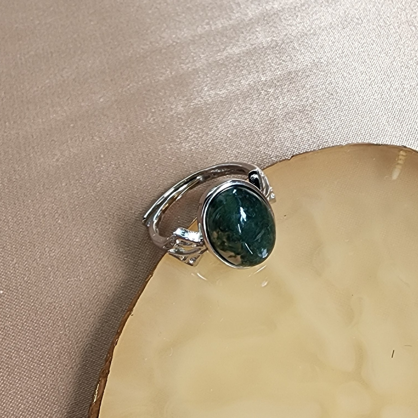 Natural Moss Agate Adjustable Ring | Silver-Plated Vintage Crystal Jewelry | Malay Cincin Moss Agate Semula Jadi Boleh Laras | Barang Kemas Gaya Vintaj