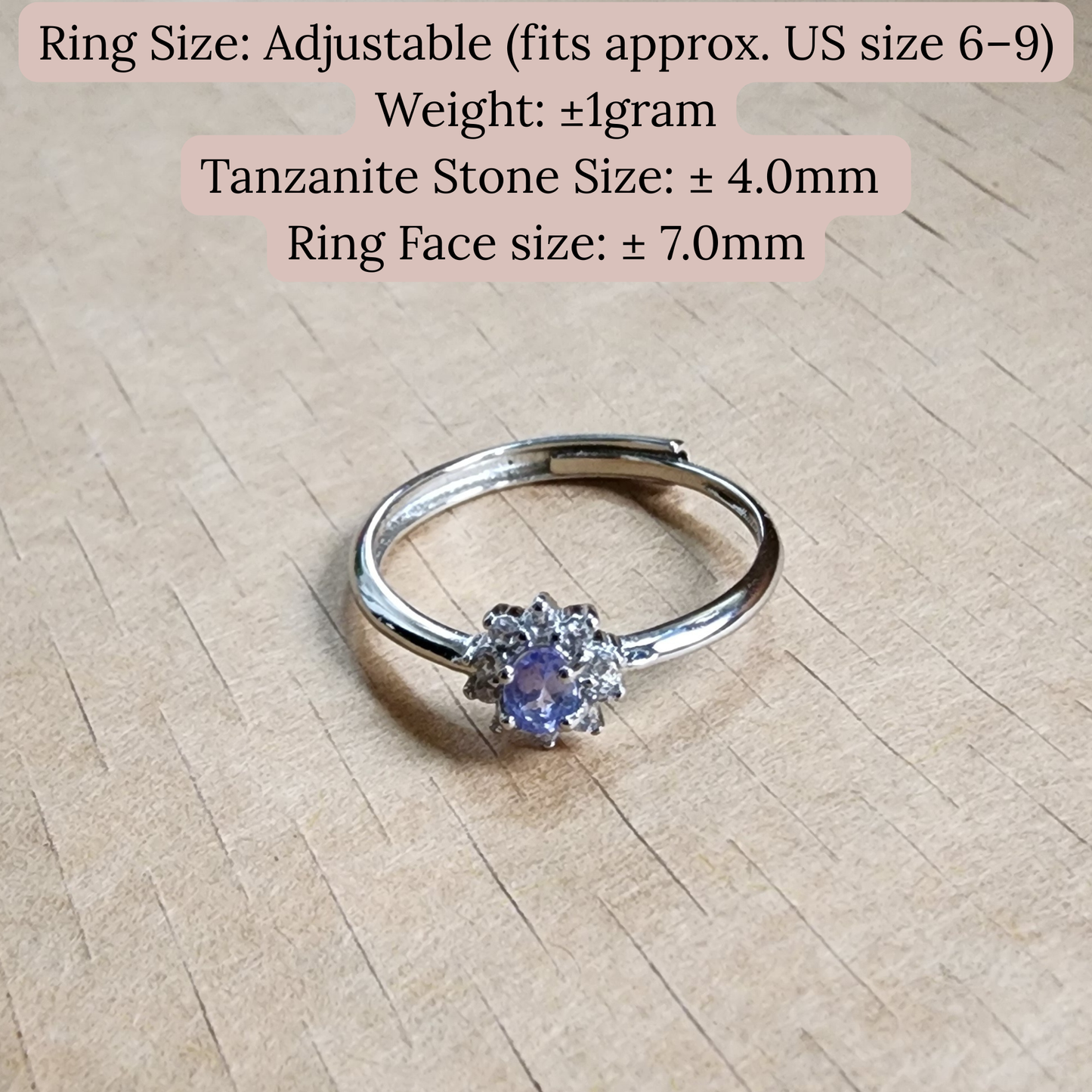 Natural Tanzanite Adjustable Ring | Silver-Plated Floral Solitaire Minimalist Open Ring | Cincin Tanzanite Semula Jadi Bersadur Perak | Rekaan Bunga Minimalis Boleh Laras