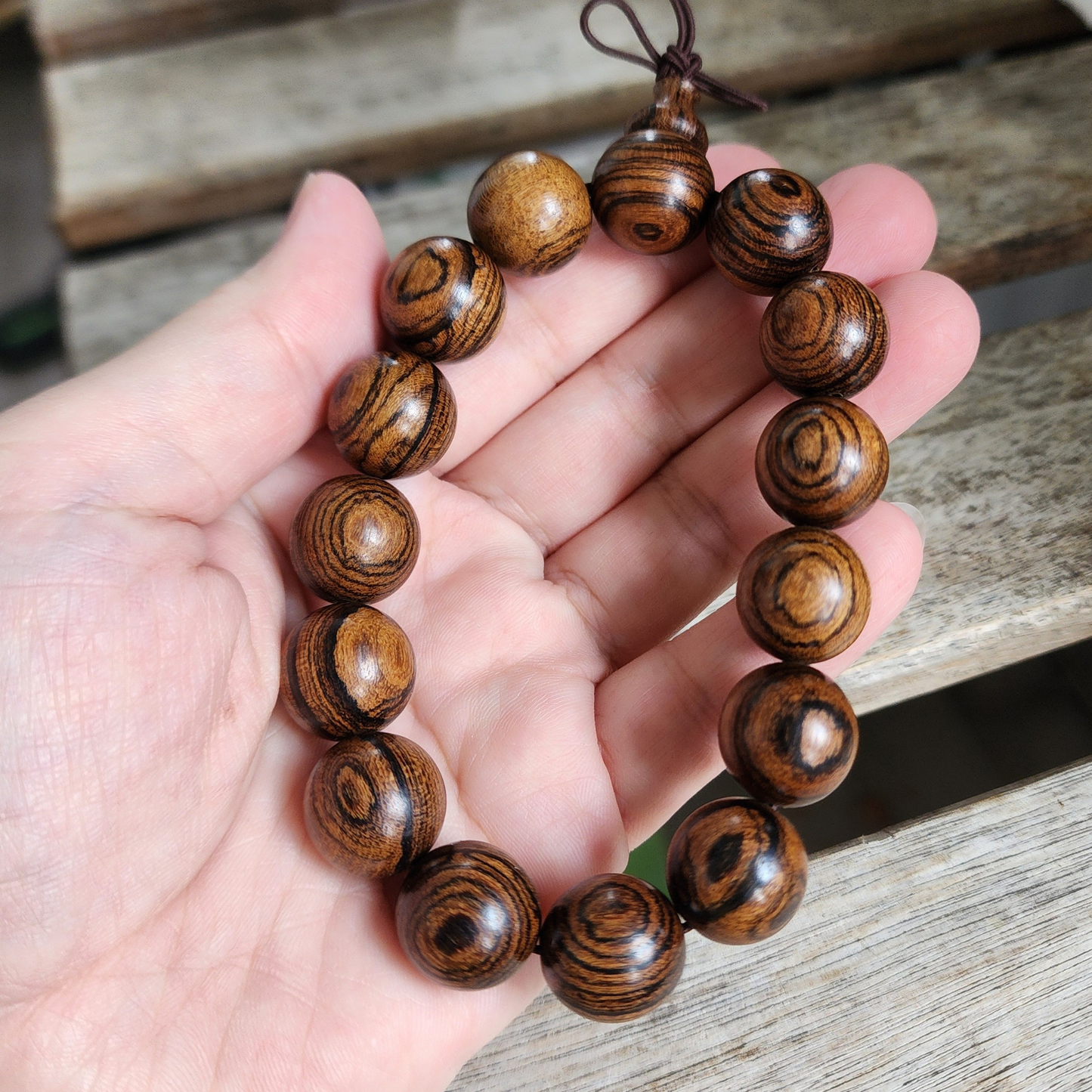 Natural Tiger Grain Sandalwood Bracelet | Tiger Stripe Wooden Beads | Gelang Kayu Corak Harimau Unisex