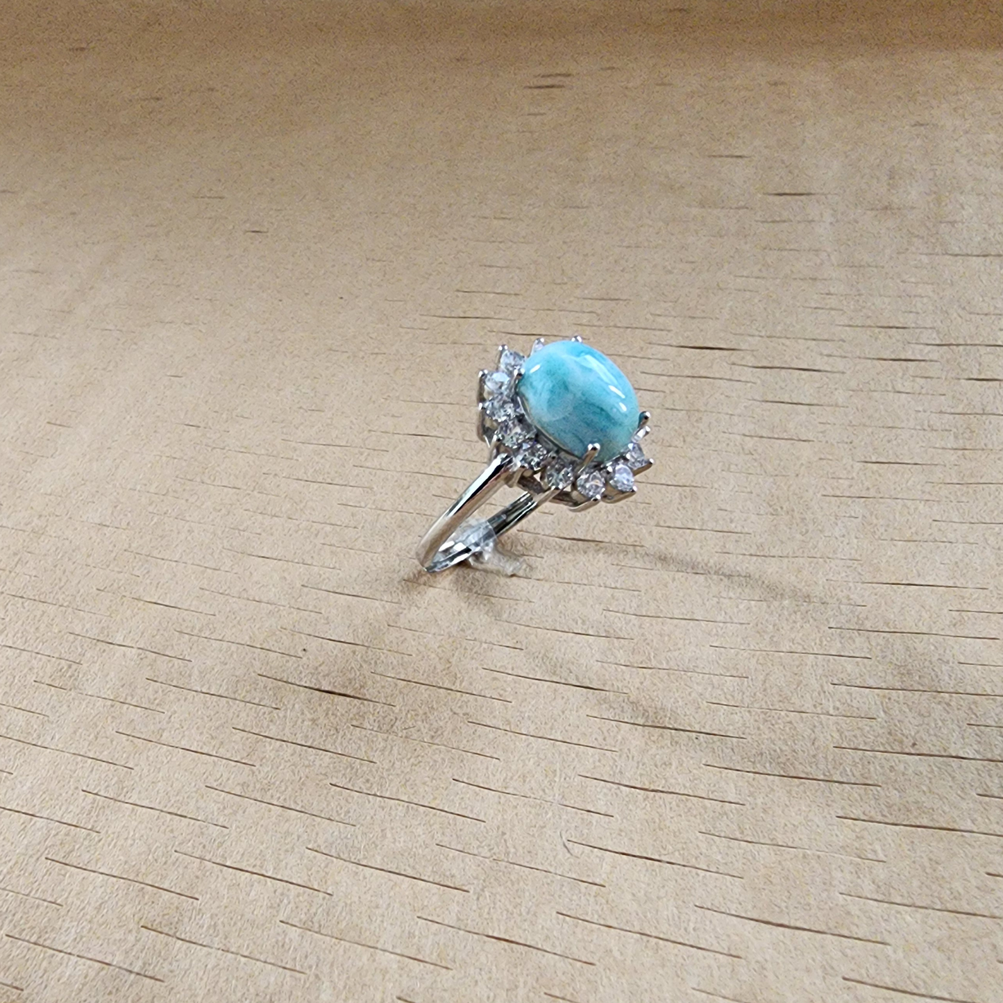 Natural Larimar Silver Plated Adjustable Ring with Zircon | Ocean Blue Healing Stone | Cincin Larimar Semula Jadi Boleh Laras | Batu Laut Biru Menenangkan