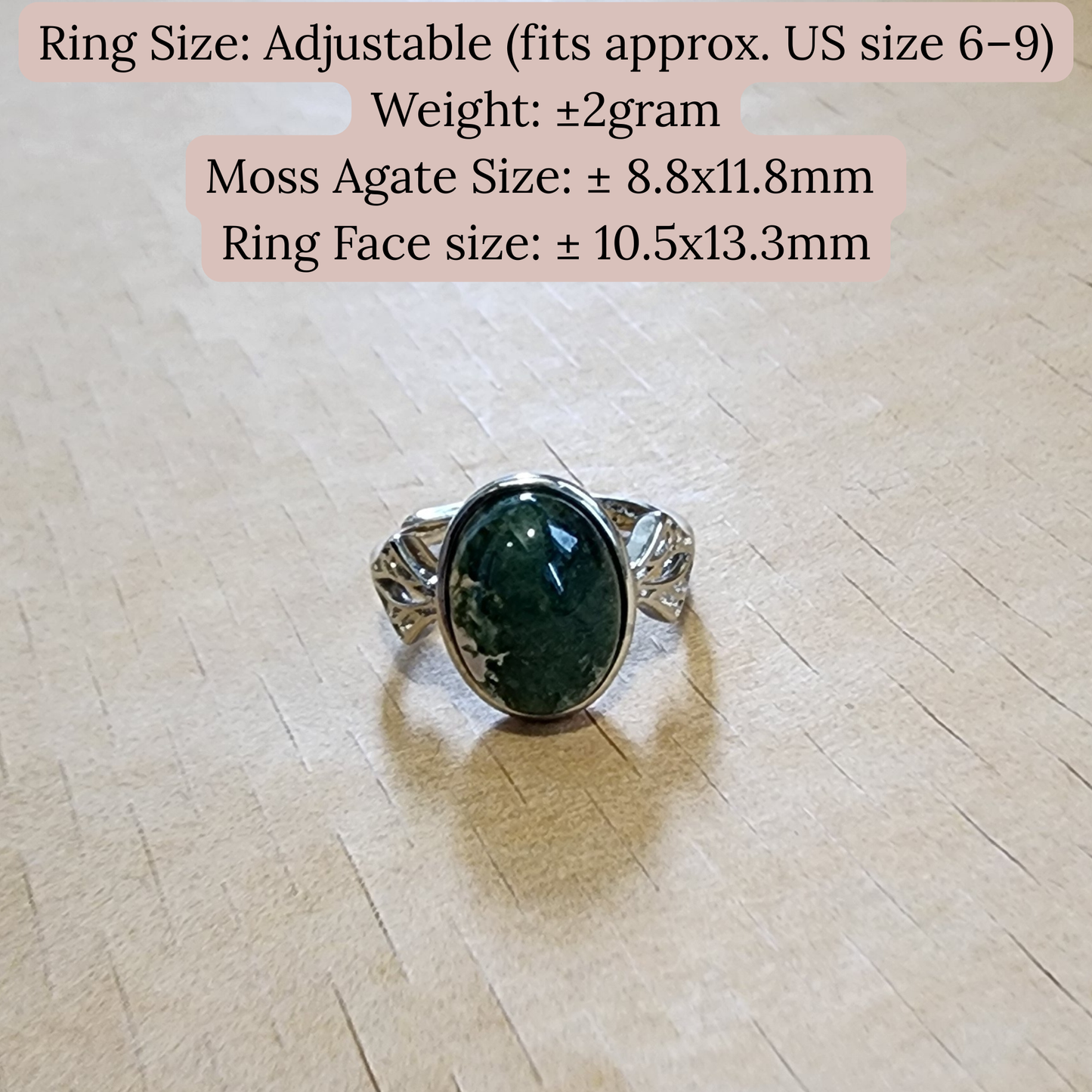 Natural Moss Agate Adjustable Ring | Silver-Plated Vintage Crystal Jewelry | Malay Cincin Moss Agate Semula Jadi Boleh Laras | Barang Kemas Gaya Vintaj