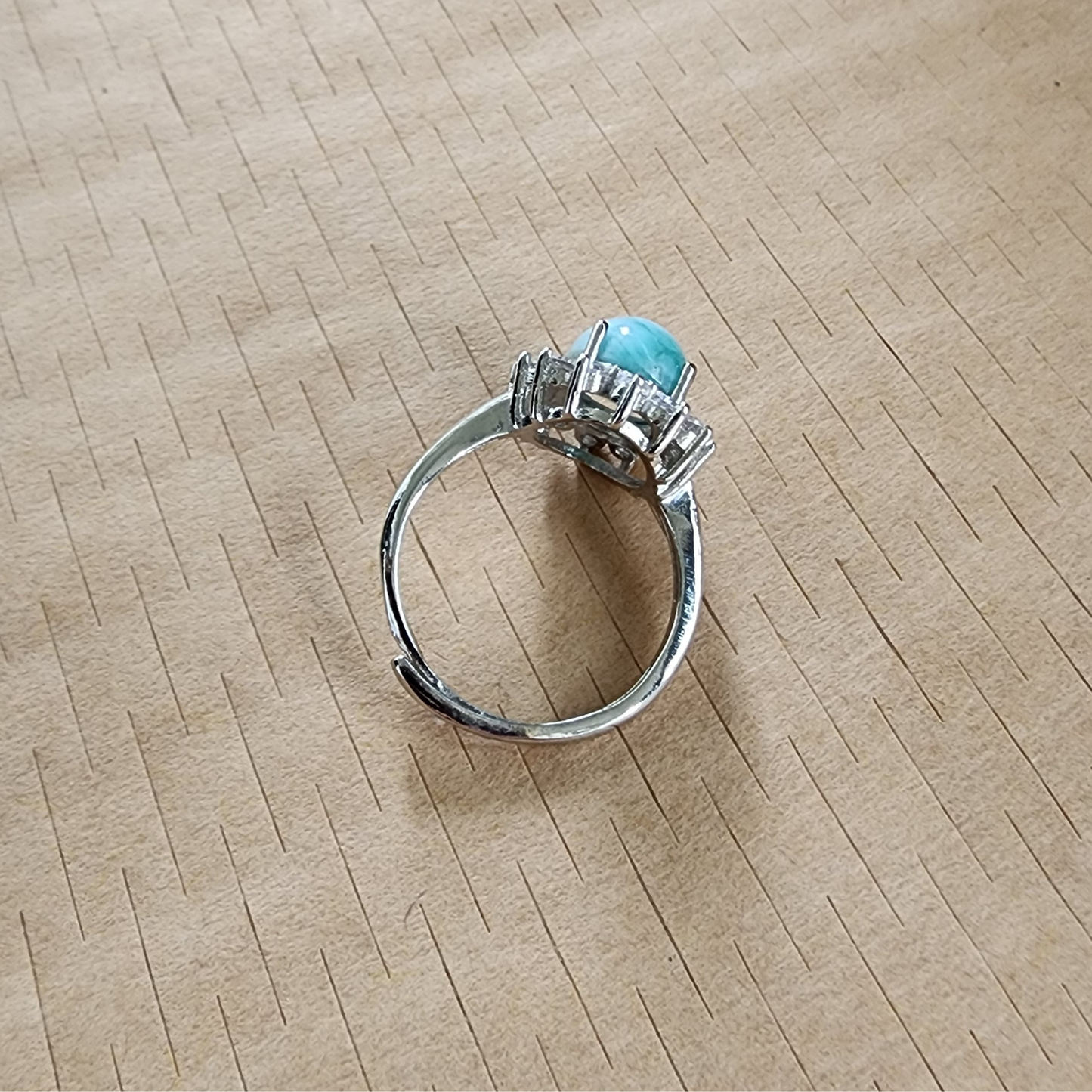 Natural Larimar Silver Plated Adjustable Ring with Zircon | Ocean Blue Healing Stone | Cincin Larimar Semula Jadi Boleh Laras | Batu Laut Biru Menenangkan