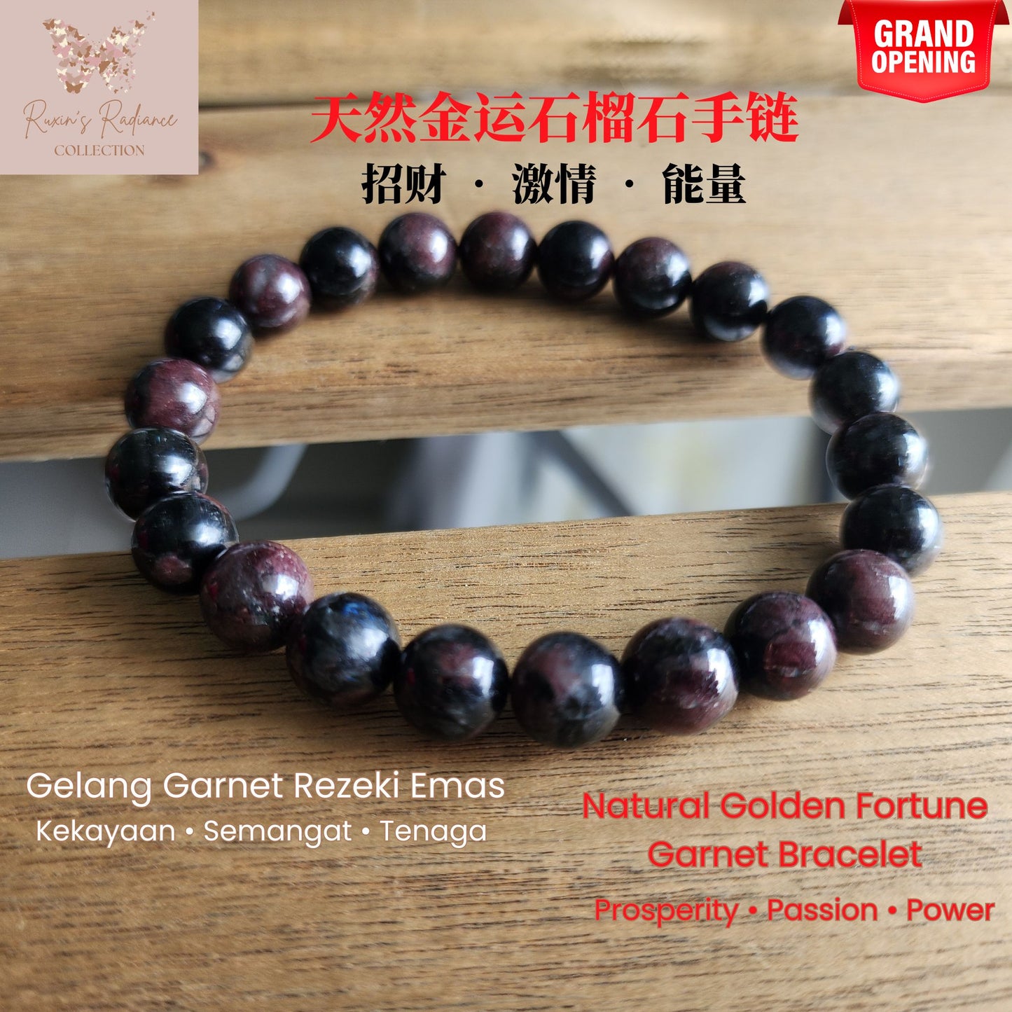 Golden Fortune Garnet Bracelet - Wealth & Protection金运石榴花手链-招财护身Gelang Garnet Nasib Emas - Kaya & Lindungan