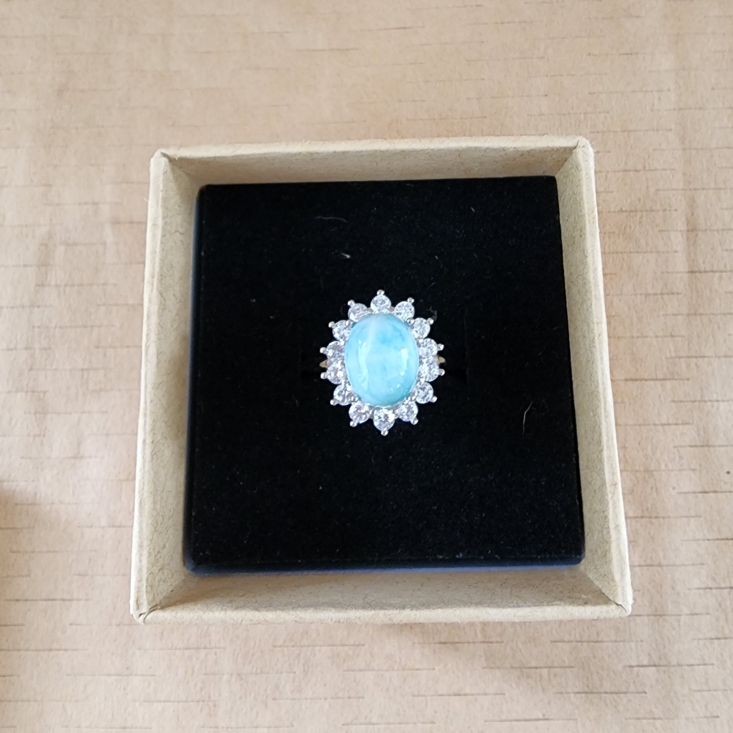 Natural Larimar Silver Plated Adjustable Ring with Zircon | Ocean Blue Healing Stone | Cincin Larimar Semula Jadi Boleh Laras | Batu Laut Biru Menenangkan