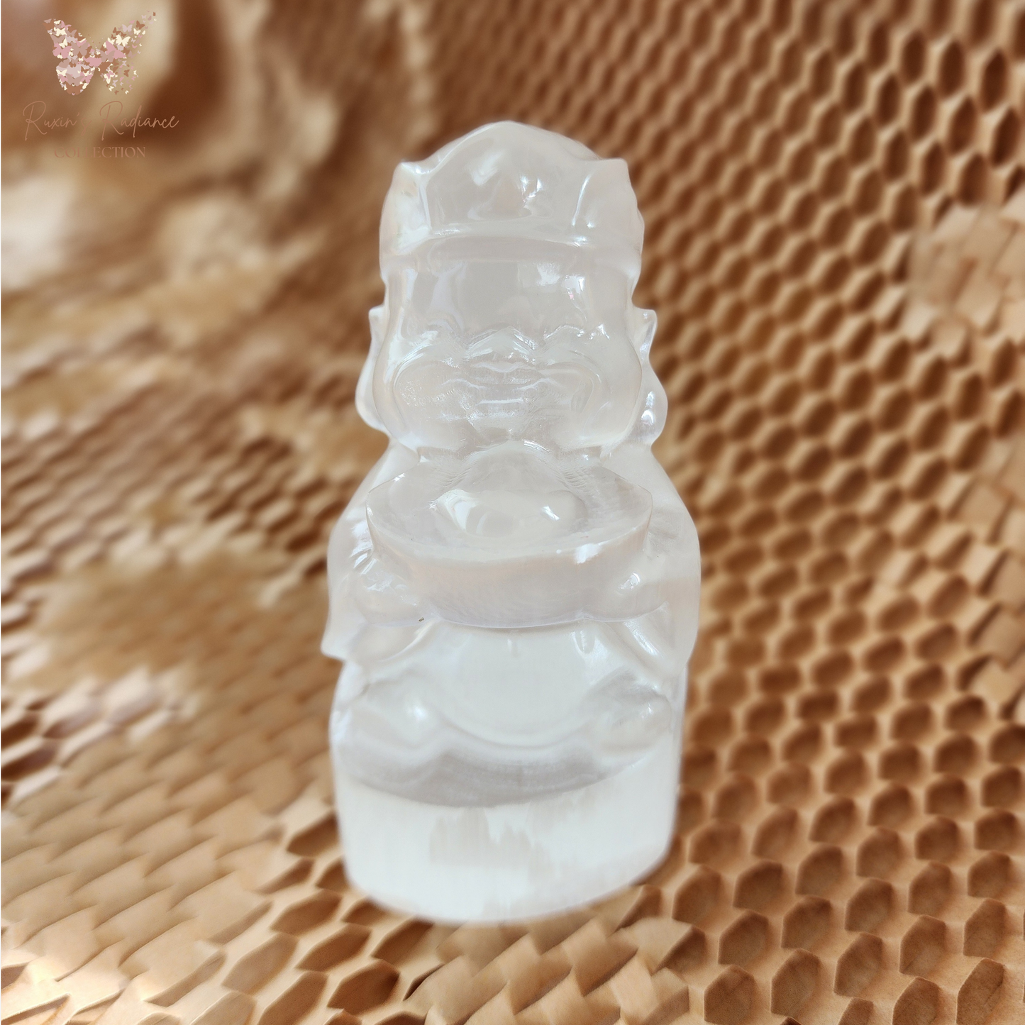 Natural Moroccan Selenite Wealth God Figurine | Hand-Carved Energy Cleansing Décor | Patung Dewa Kekayaan Selenite Asli Maghribi