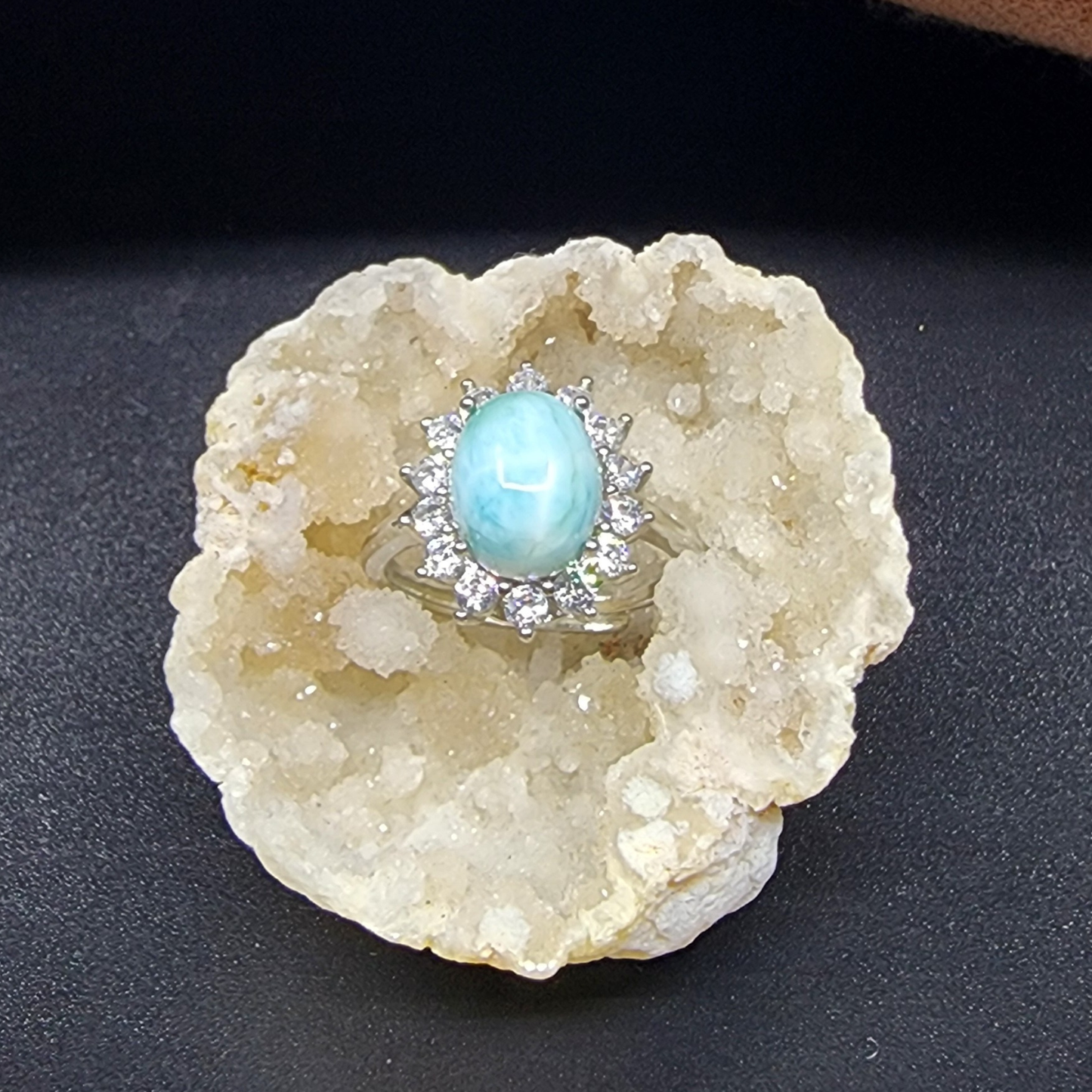 Natural Larimar Silver Plated Adjustable Ring with Zircon | Ocean Blue Healing Stone | Cincin Larimar Semula Jadi Boleh Laras | Batu Laut Biru Menenangkan