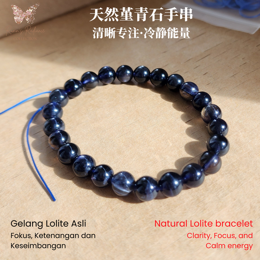 Natural Natural Lolite (Cordierite) Blue Crystal Bracelet 7.4–7.8mm, 24 Beads, 16cm | Clarity, Focus & Calm | Unisex Daily Wear | Gelang Kristal Lolite Ungu-Biru 7.4–7.8mm, 24 Manik, 16cm | Tenang & Fokus