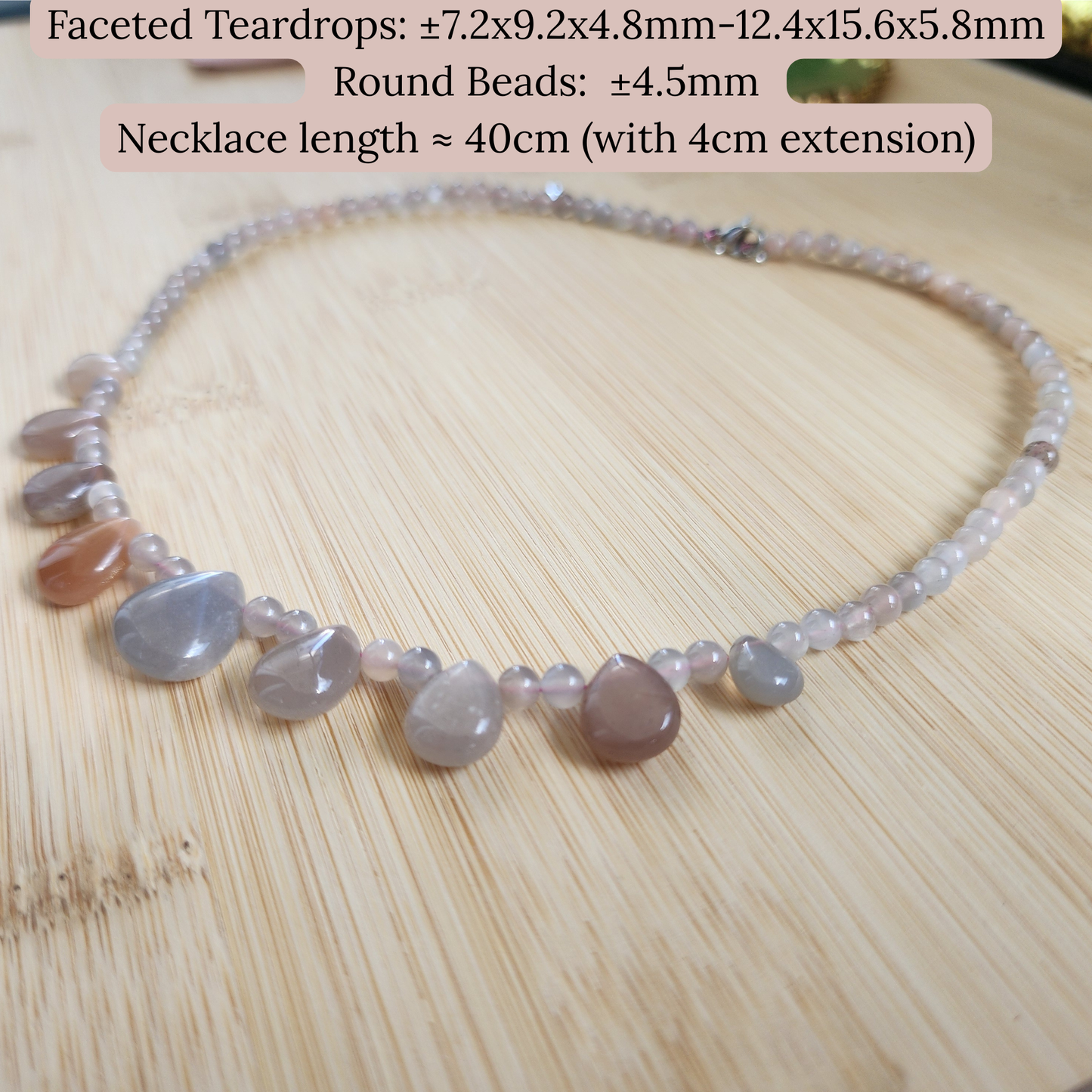 Natural Orange Moonstone & Feldspar Necklace with elegant teardrop beads. Handmade with soft peach glow for daily wear or gifting. Kalung Moonstone Oren & Feldspar buatan tangan, elegan, ringan & sesuai hadiah.