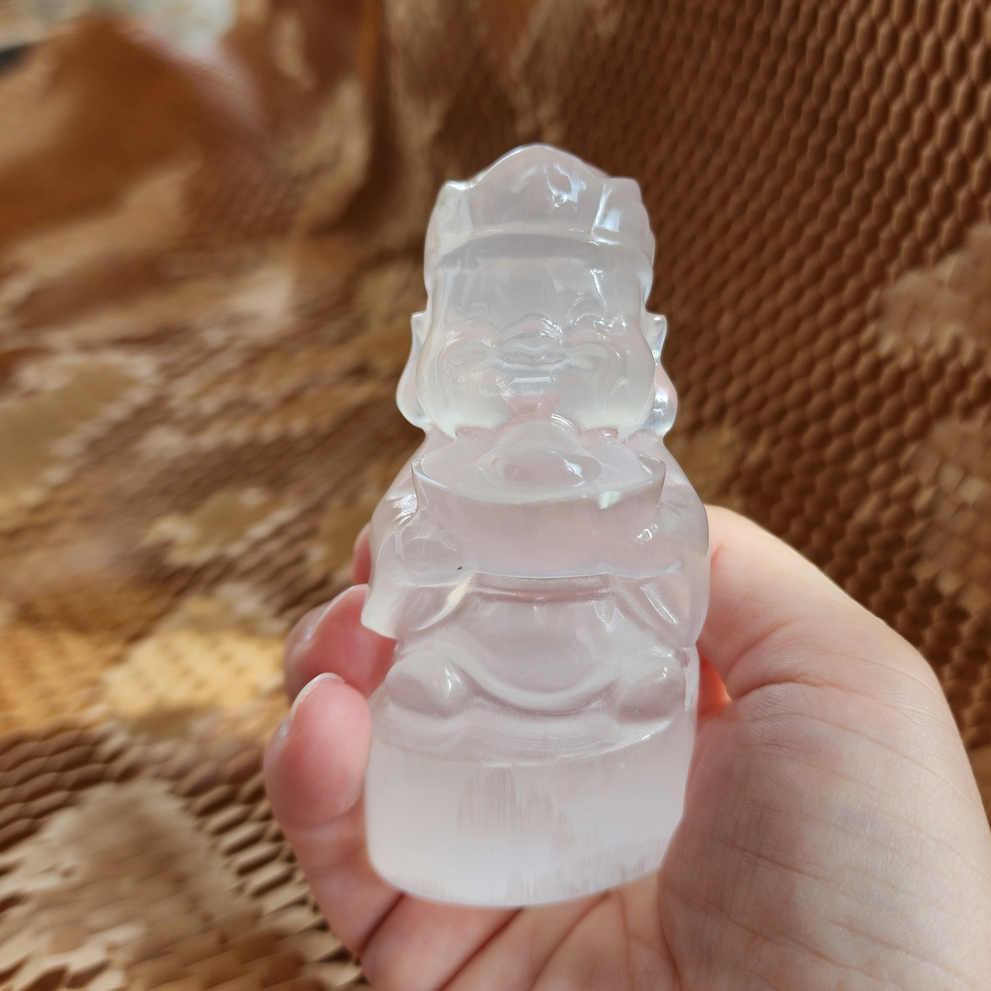 Natural Moroccan Selenite Wealth God Figurine | Hand-Carved Energy Cleansing Décor | Patung Dewa Kekayaan Selenite Asli Maghribi
