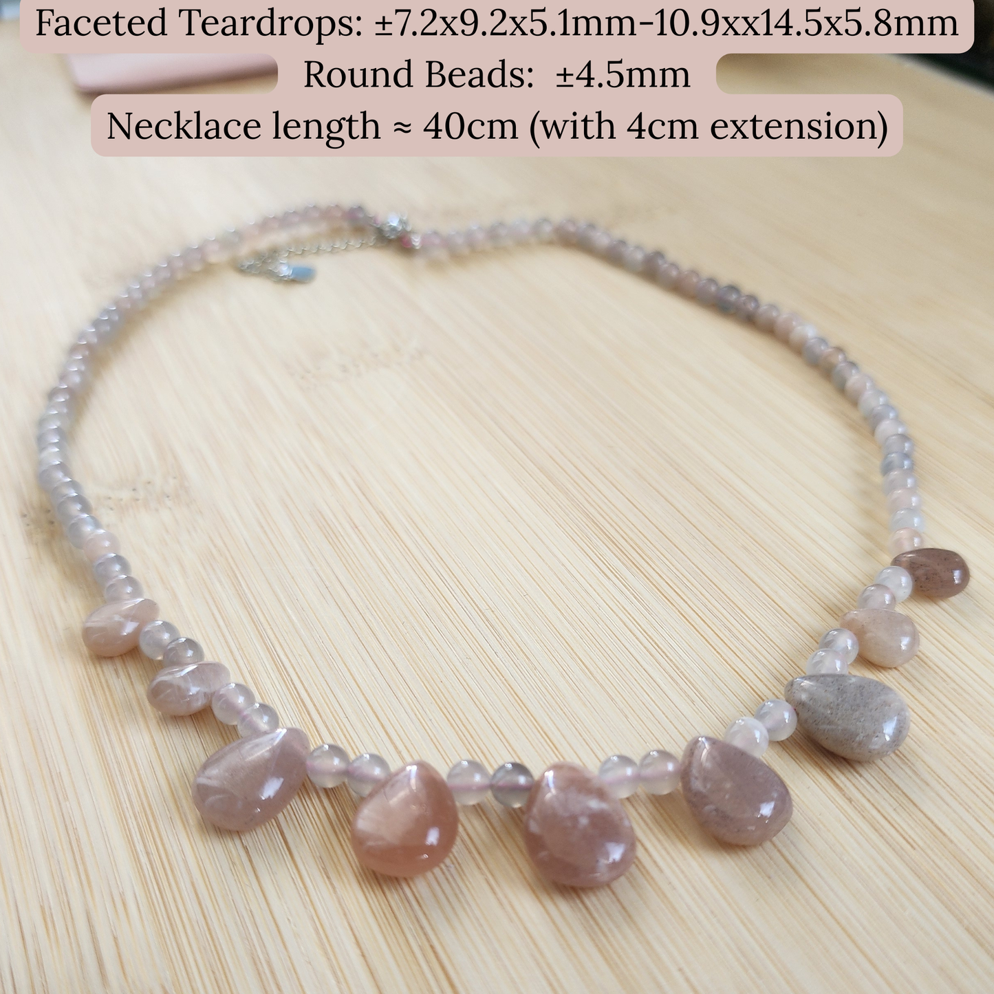 Natural Orange Moonstone & Feldspar Necklace with elegant teardrop beads. Handmade with soft peach glow for daily wear or gifting. Kalung Moonstone Oren & Feldspar buatan tangan, elegan, ringan & sesuai hadiah.