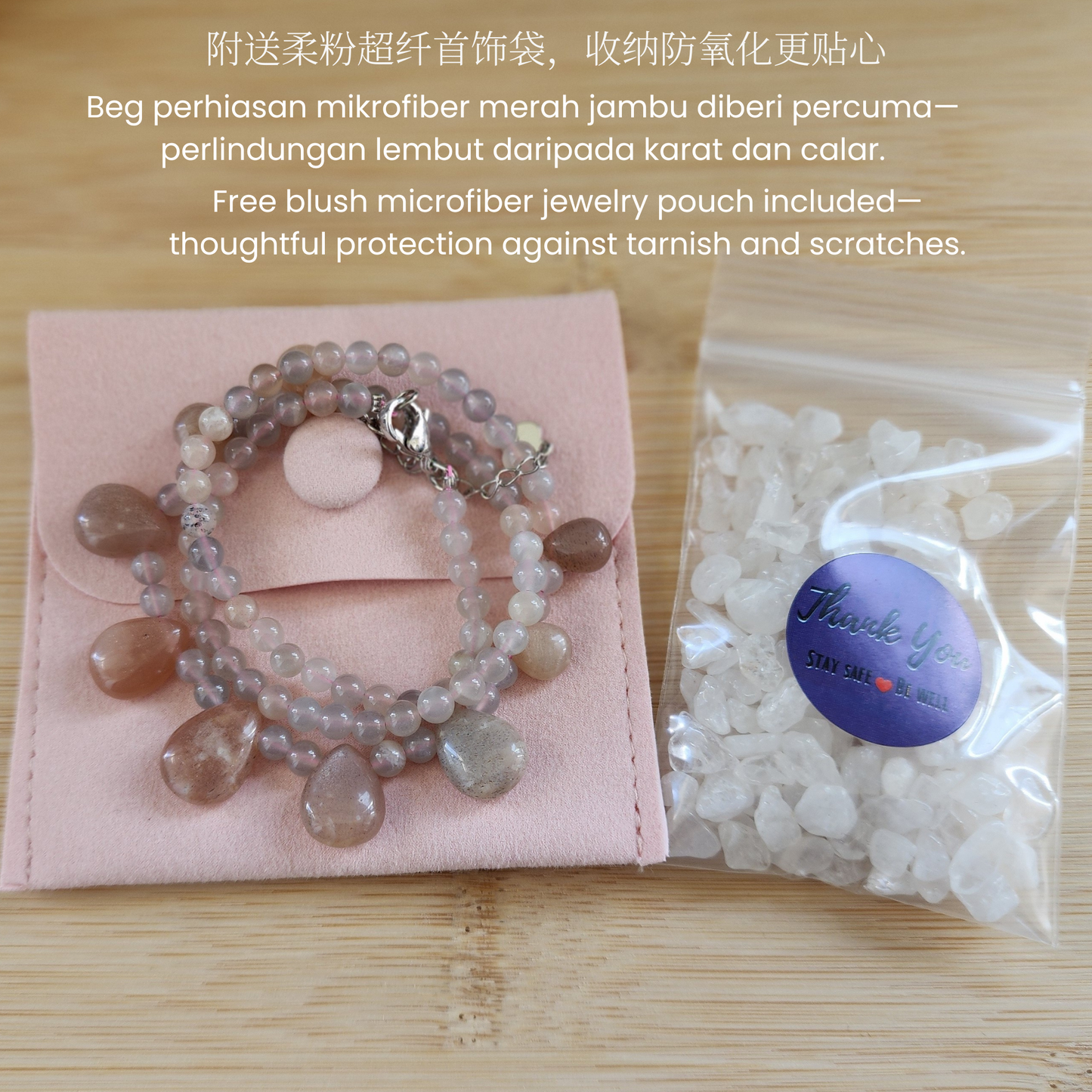Natural Orange Moonstone & Feldspar Necklace with elegant teardrop beads. Handmade with soft peach glow for daily wear or gifting. Kalung Moonstone Oren & Feldspar buatan tangan, elegan, ringan & sesuai hadiah.