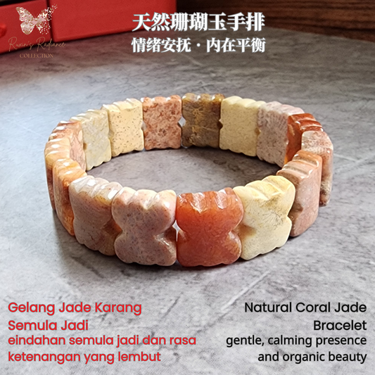 Natural Zambian Coral Jade Bracelet | Big Flower Fossil Coral Butterfly Beads | Gelang Coral Jade Asli Elegan Hadiah