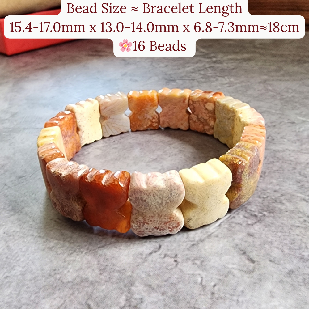 Natural Zambian Coral Jade Bracelet | Big Flower Fossil Coral Butterfly Beads | Gelang Coral Jade Asli Elegan Hadiah