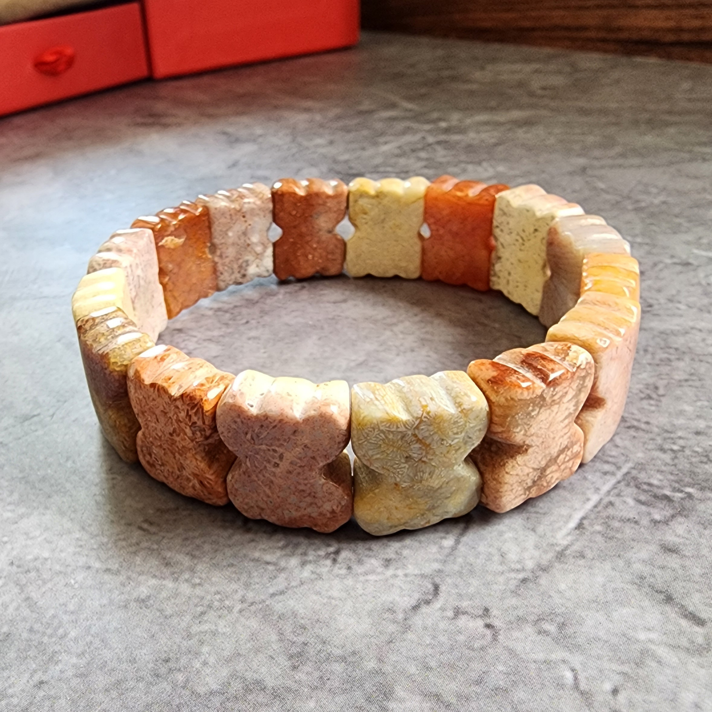 Natural Zambian Coral Jade Bracelet | Big Flower Fossil Coral Butterfly Beads | Gelang Coral Jade Asli Elegan Hadiah