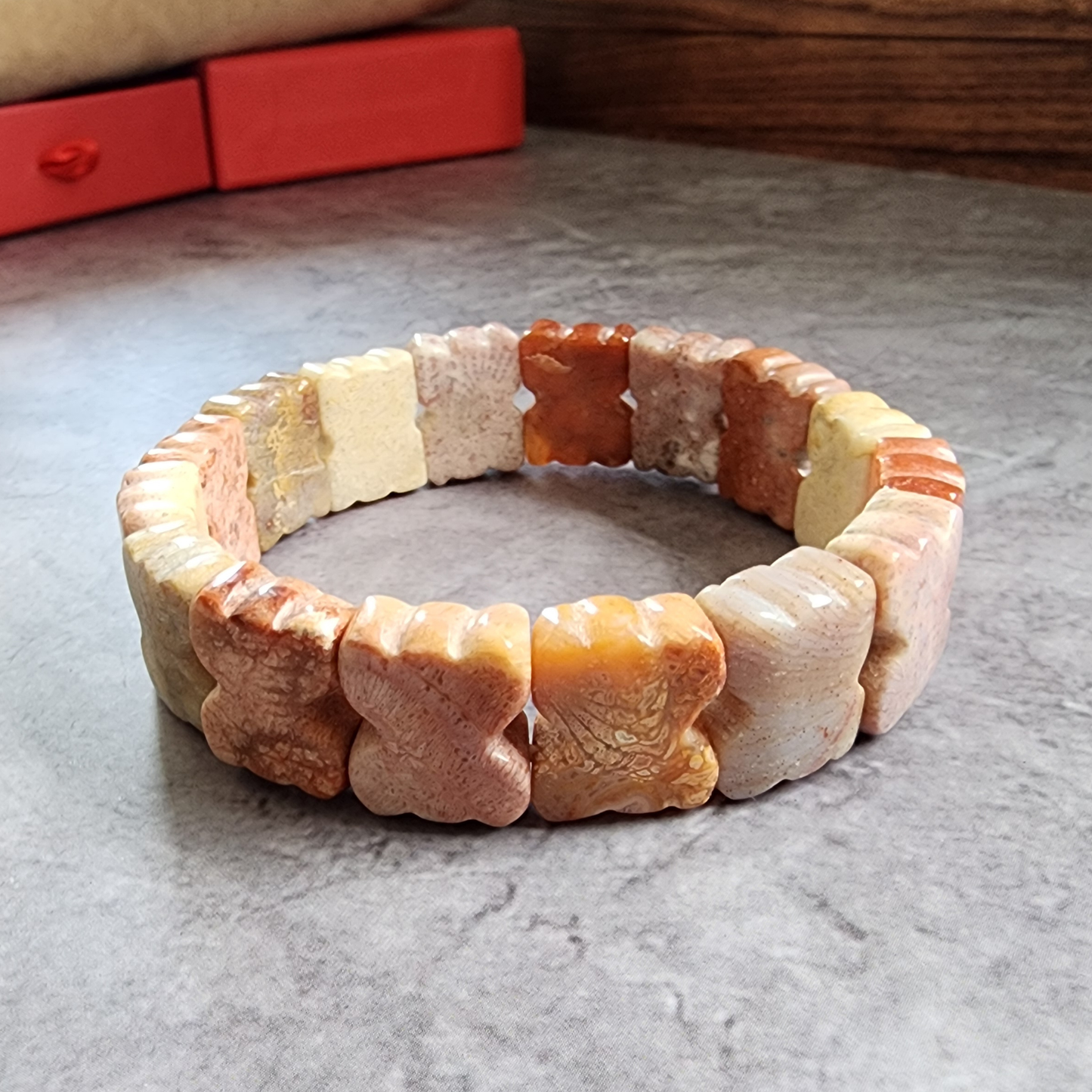 Natural Zambian Coral Jade Bracelet | Big Flower Fossil Coral Butterfly Beads | Gelang Coral Jade Asli Elegan Hadiah