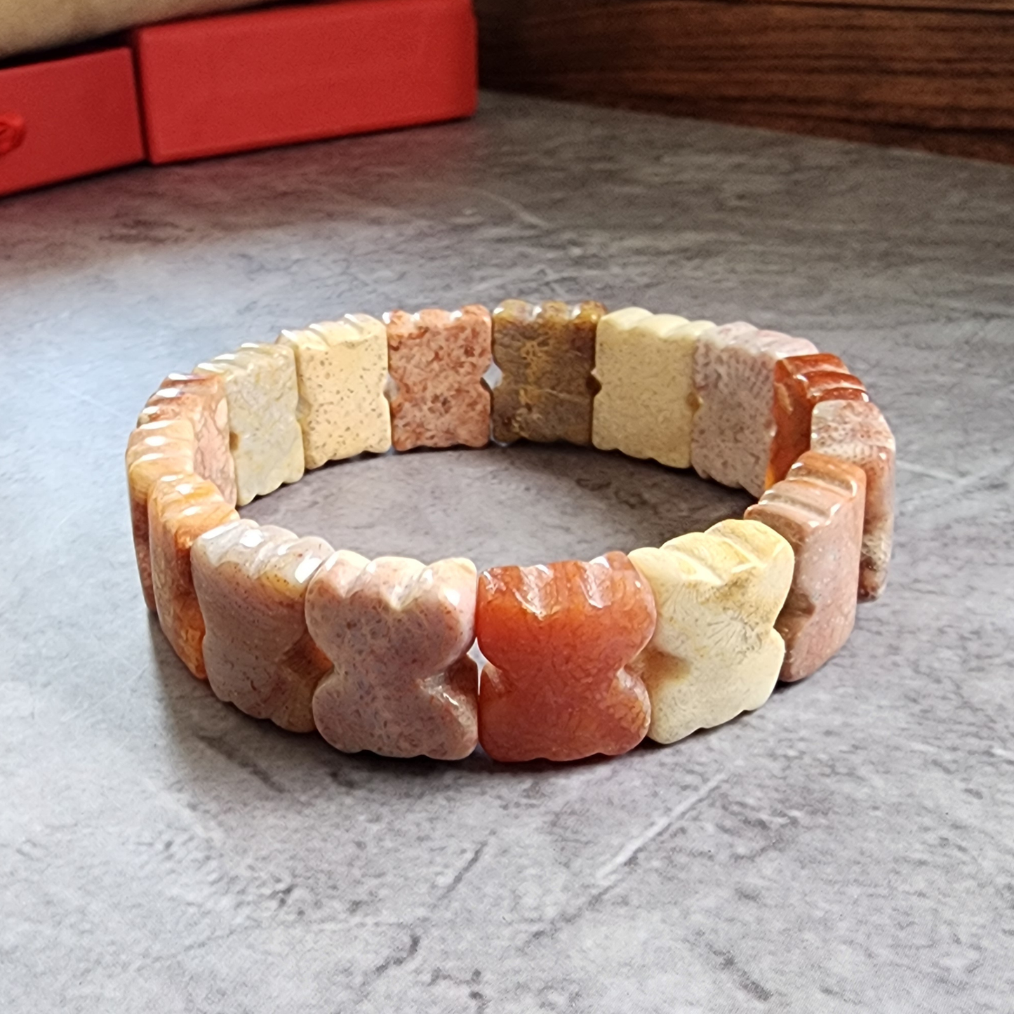 Natural Zambian Coral Jade Bracelet | Big Flower Fossil Coral Butterfly Beads | Gelang Coral Jade Asli Elegan Hadiah