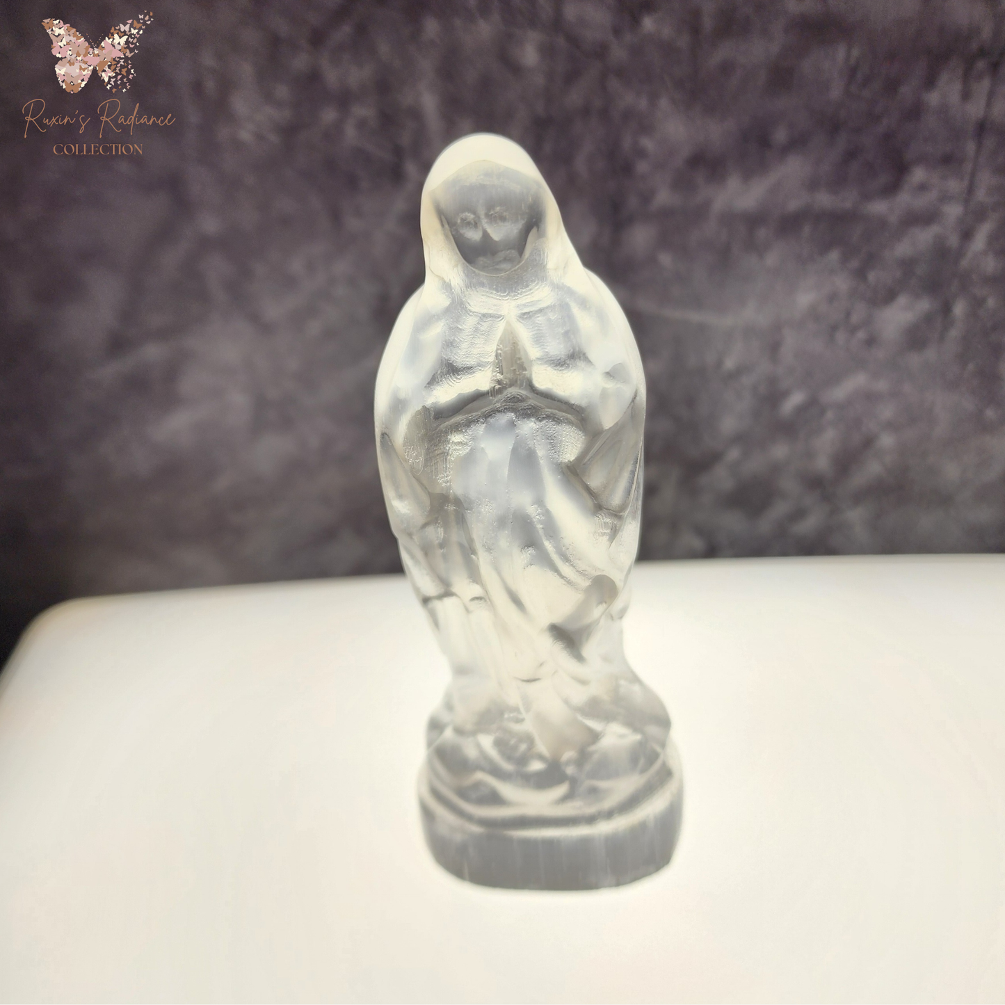Natural Moroccan Selenite Mother Mary Figurine | Hand-Carved Energy Cleansing Décor | Patung Maria Suci Selenite Asli Maghribi