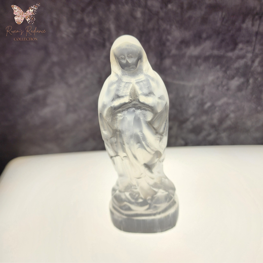 Natural Moroccan Selenite Mother Mary Figurine | Hand-Carved Energy Cleansing Décor | Patung Maria Suci Selenite Asli Maghribi