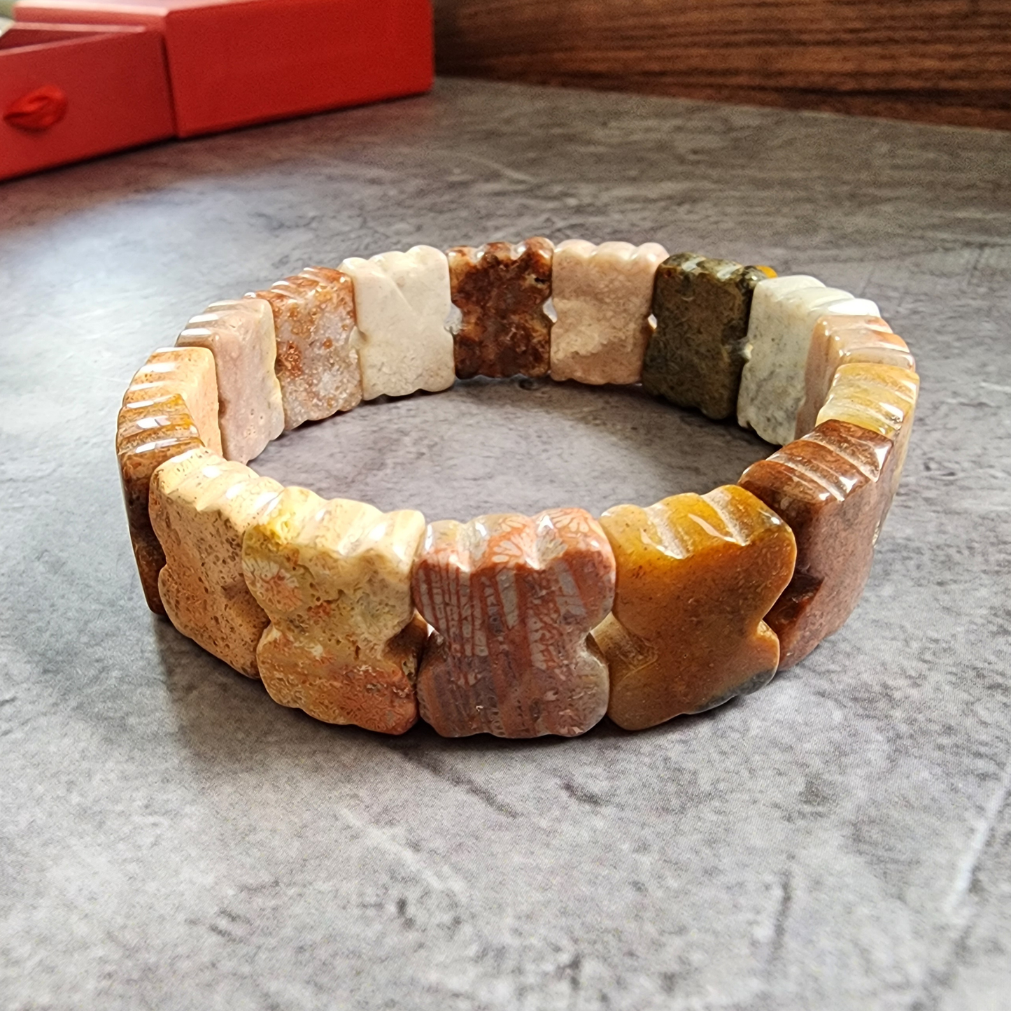 Natural Zambian Coral Jade Bracelet | Big Flower Fossil Coral Butterfly Beads | Gelang Coral Jade Asli Elegan Hadiah
