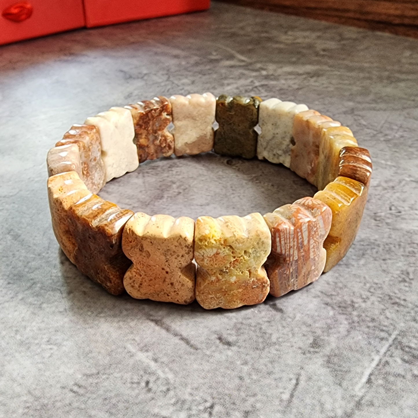 Natural Zambian Coral Jade Bracelet | Big Flower Fossil Coral Butterfly Beads | Gelang Coral Jade Asli Elegan Hadiah