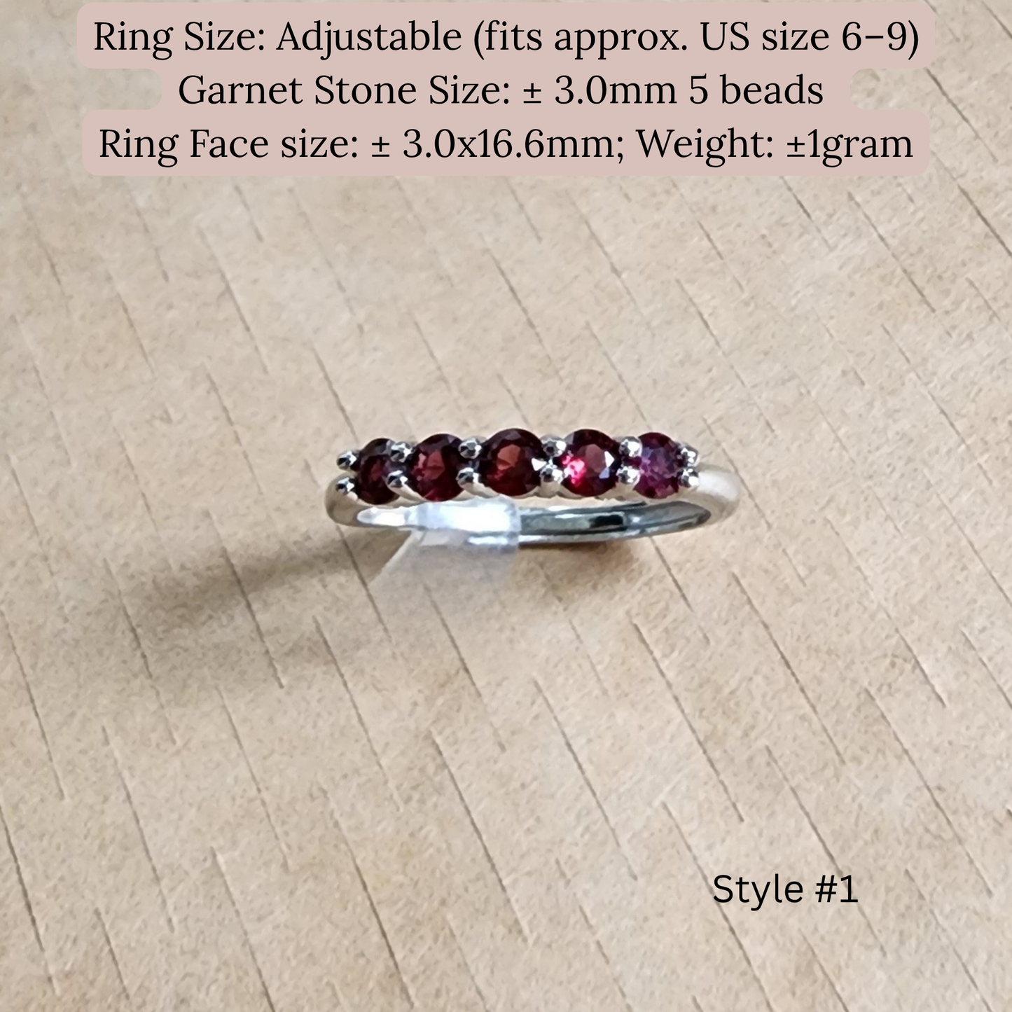 Natural Garnet Adjustable Crystal Ring – Silver Plated Wine Red Gemstone Ring | Energy Jewelry Gift for Women | Cincin Garnet Semula Jadi Boleh Laras