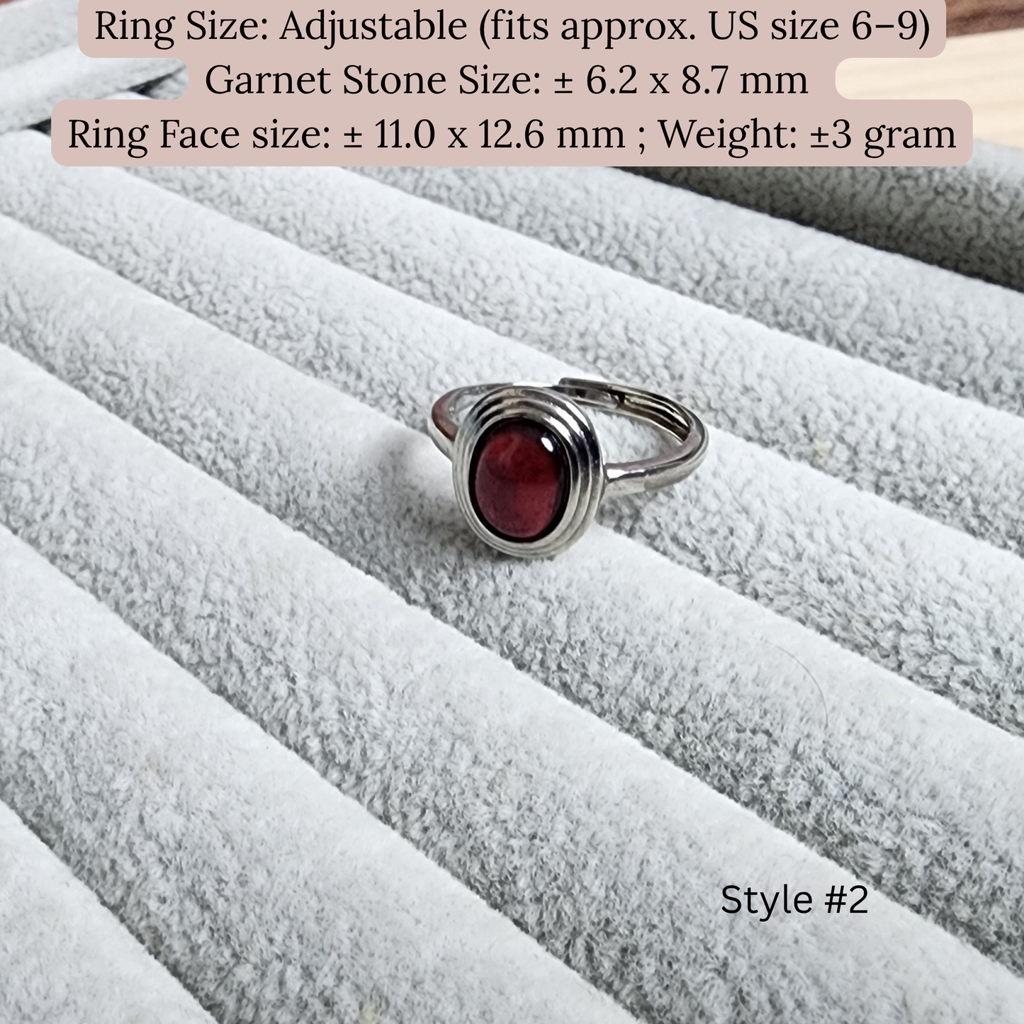 Natural Garnet Adjustable Crystal Ring – Silver Plated Wine Red Gemstone Ring | Energy Jewelry Gift for Women | Cincin Garnet Semula Jadi Boleh Laras