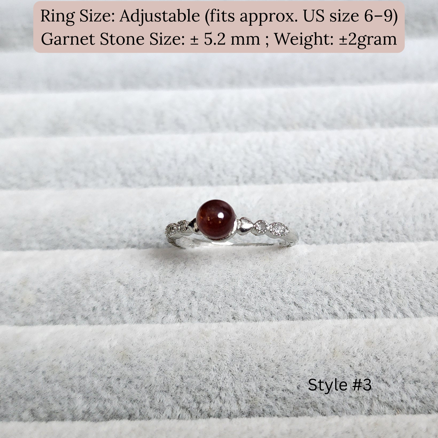 Natural Garnet Adjustable Crystal Ring – Silver Plated Wine Red Gemstone Ring | Energy Jewelry Gift for Women | Cincin Garnet Semula Jadi Boleh Laras
