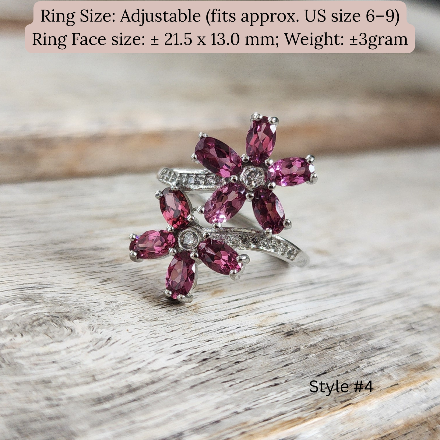 Natural Garnet Adjustable Crystal Ring – Silver Plated Wine Red Gemstone Ring | Energy Jewelry Gift for Women | Cincin Garnet Semula Jadi Boleh Laras