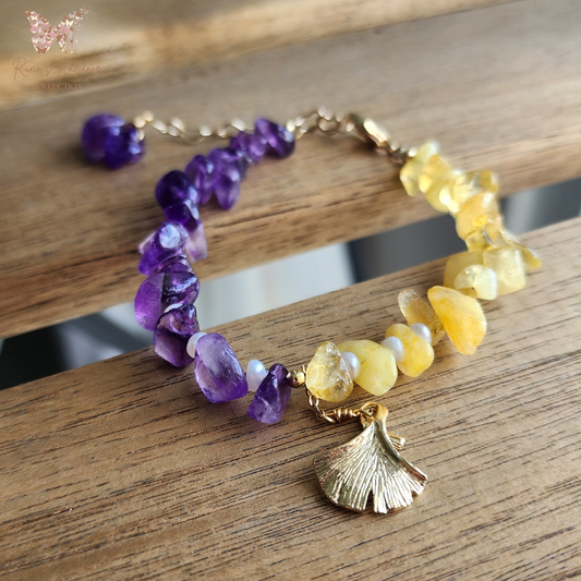 Amethyst x Yellow Quartz Natural Stone Bracelet with White Pearls & Gold Ginkgo Charm | Handmade Adjustable Crystal Jewelry | Gelang Ametis Kuarsa Kuning dengan Mutiara & Pesona Emas