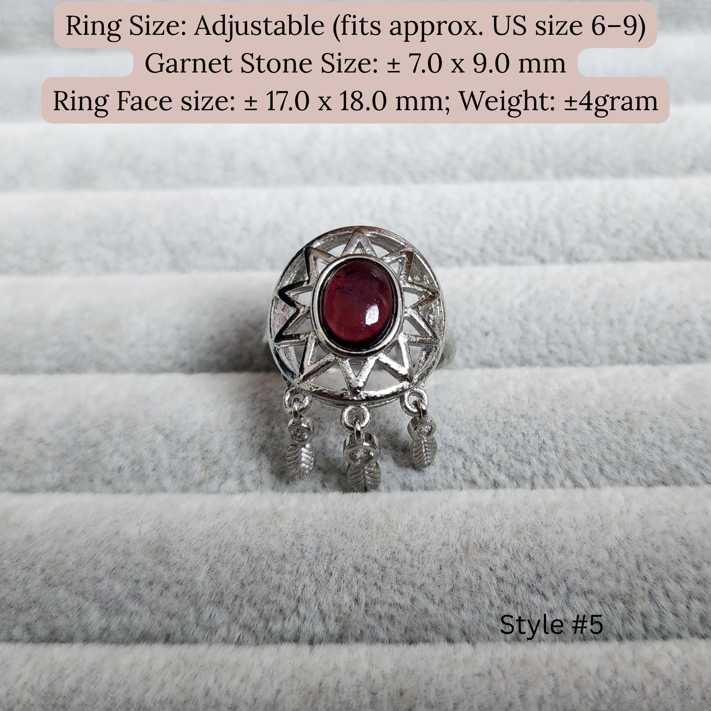 Natural Garnet Adjustable Crystal Ring – Silver Plated Wine Red Gemstone Ring | Energy Jewelry Gift for Women | Cincin Garnet Semula Jadi Boleh Laras