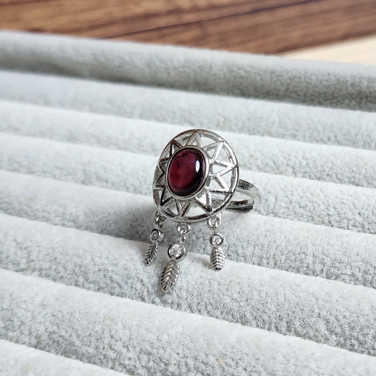 Natural Garnet Adjustable Crystal Ring – Silver Plated Wine Red Gemstone Ring | Energy Jewelry Gift for Women | Cincin Garnet Semula Jadi Boleh Laras