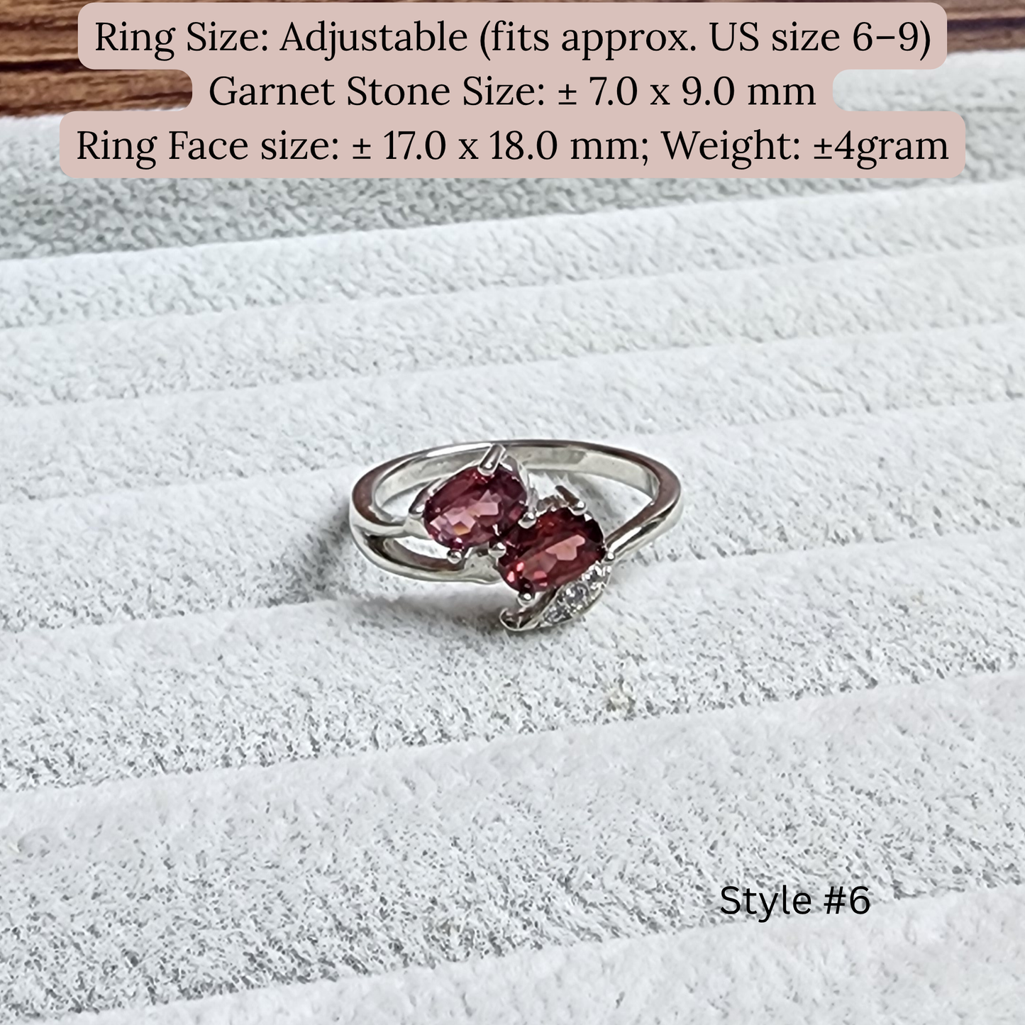 Natural Garnet Adjustable Crystal Ring – Silver Plated Wine Red Gemstone Ring | Energy Jewelry Gift for Women | Cincin Garnet Semula Jadi Boleh Laras