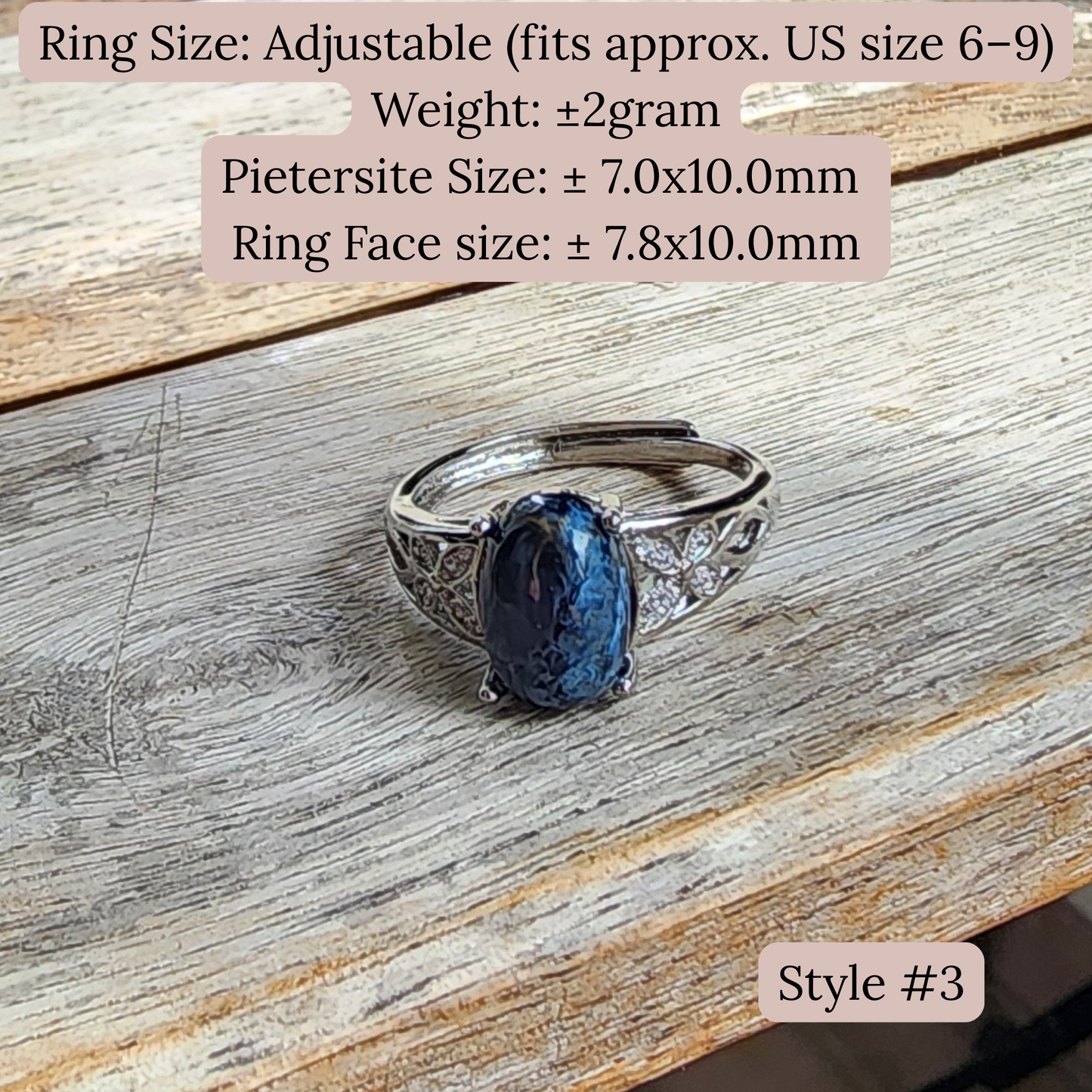 Natural Pietersite adjustable ring with blue-gold storm patterns. Silver-plated design, bold yet elegant statement jewelry | Cincin Pietersite semula jadi boleh laras dengan corak ribut biru keemasan. Reka bentuk bersadur perak, elegan dan moden.