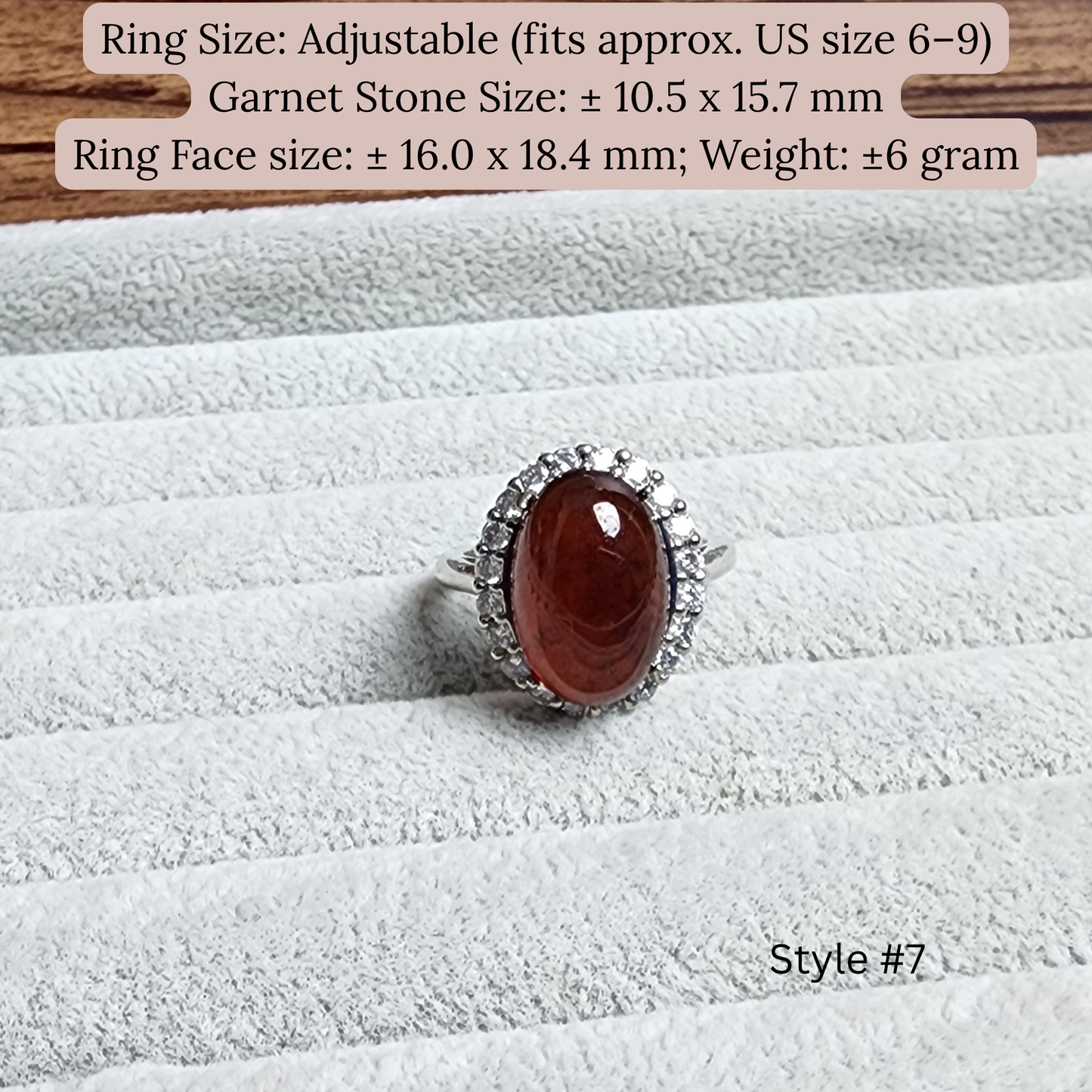 Natural Garnet Adjustable Crystal Ring – Silver Plated Wine Red Gemstone Ring | Energy Jewelry Gift for Women | Cincin Garnet Semula Jadi Boleh Laras
