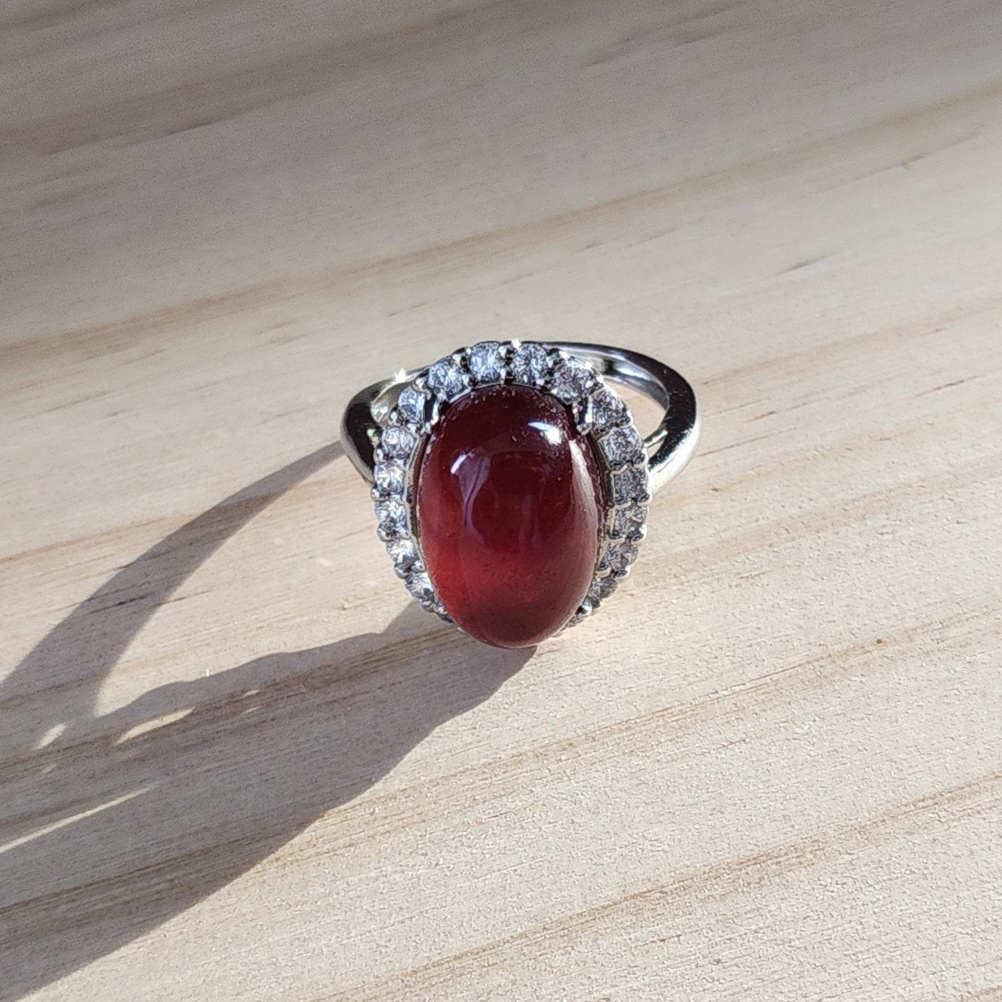 Natural Garnet Adjustable Crystal Ring – Silver Plated Wine Red Gemstone Ring | Energy Jewelry Gift for Women | Cincin Garnet Semula Jadi Boleh Laras